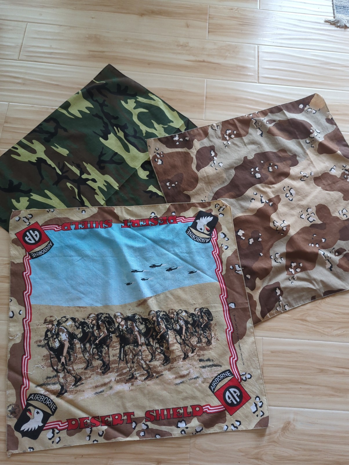3 Vtg 90s Made In USA Desert Storm Camouflage Bandanna W Eagle Graphic