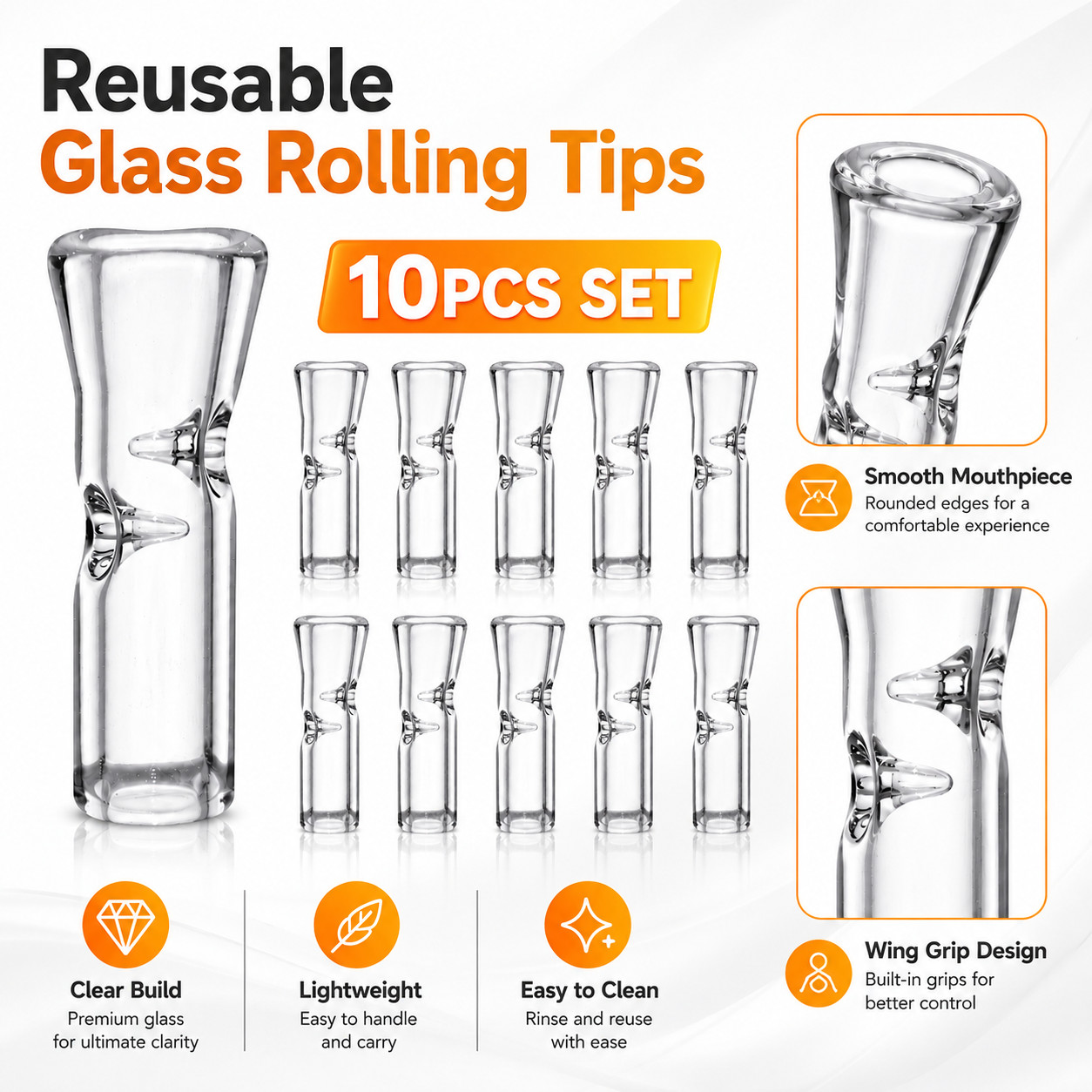 10PCS Medium Glass Filter Tips for Cigarettes Transparent Ø9mm OD 35mm Value Set
