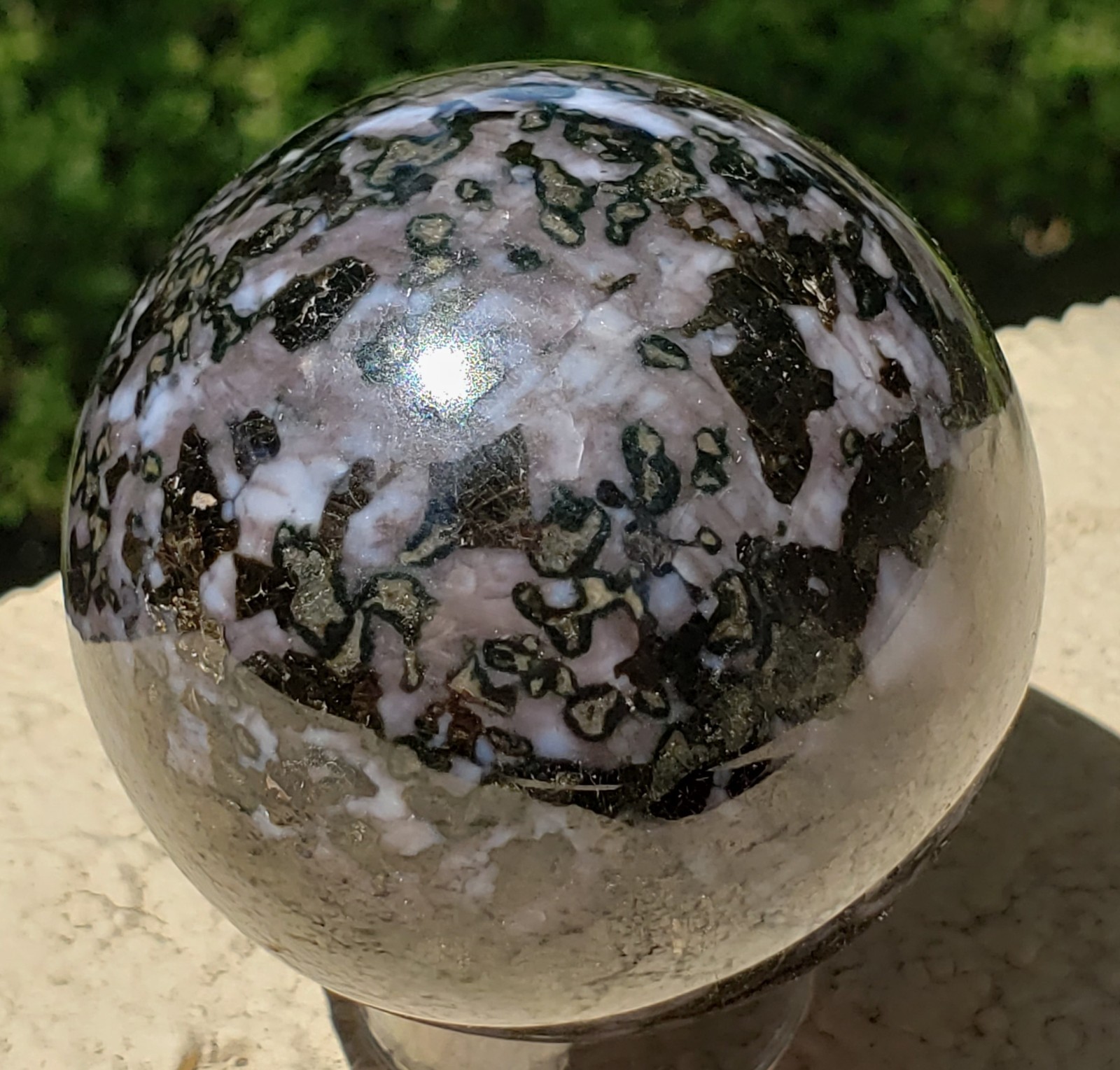 2.38″ Indigo Gabbro Mystic Merlinite Blizzard Stone Crystal Sphere, 351g or 12.4