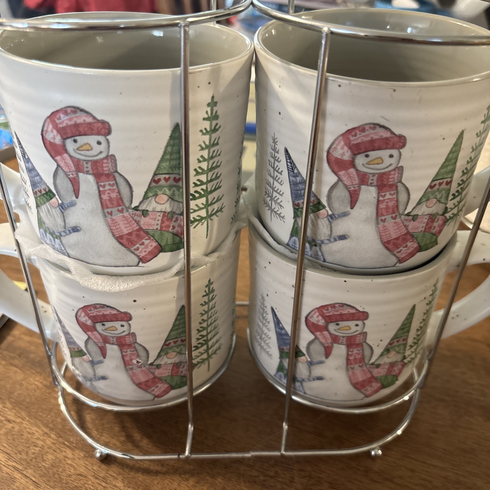 Peppermint Pine Set/4 Stacking Christmas Mugs Snowman Gnomes Caddy Stand Rack
