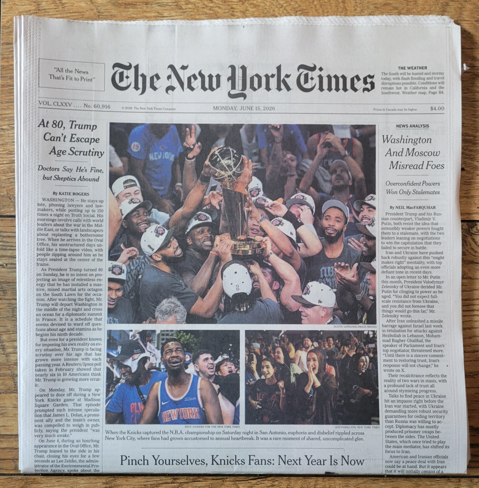 The New York Times Newspaper June 15, 2026 KNICKS WIN GAME 5 NBA FINALS CHAMPION