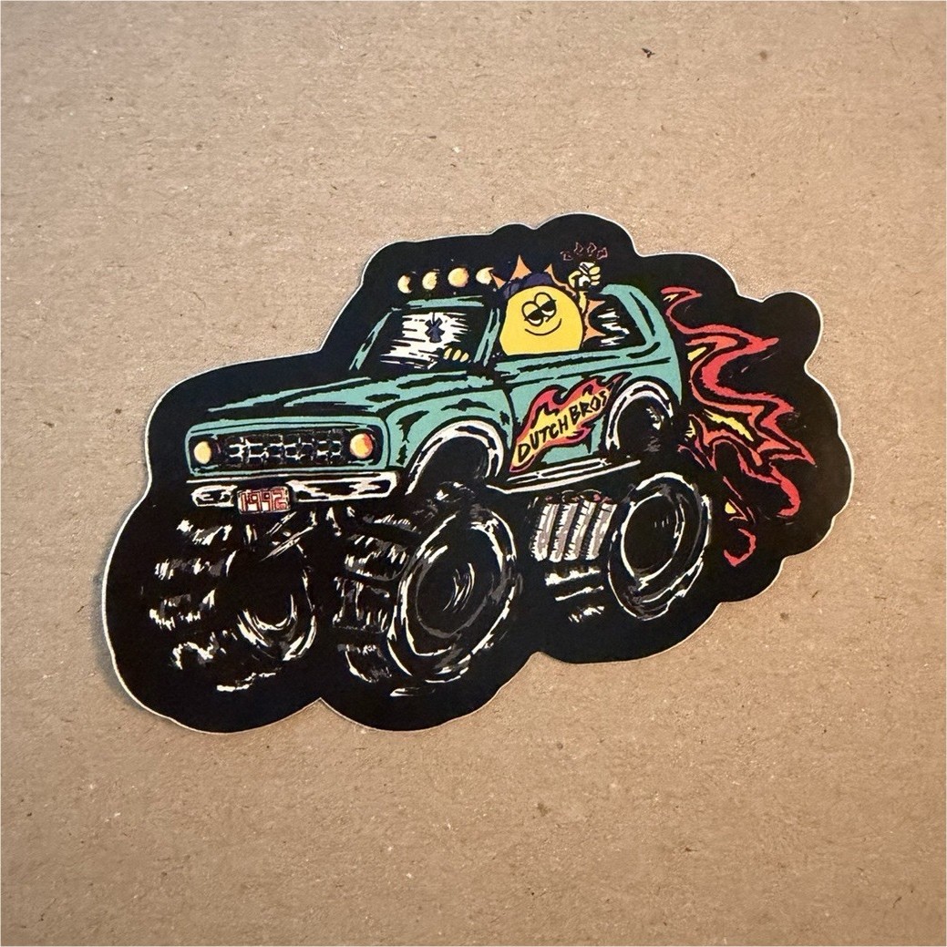 Dutch Bros Monster Truck Collectible Sticker 2022 Green Black Yellow Red