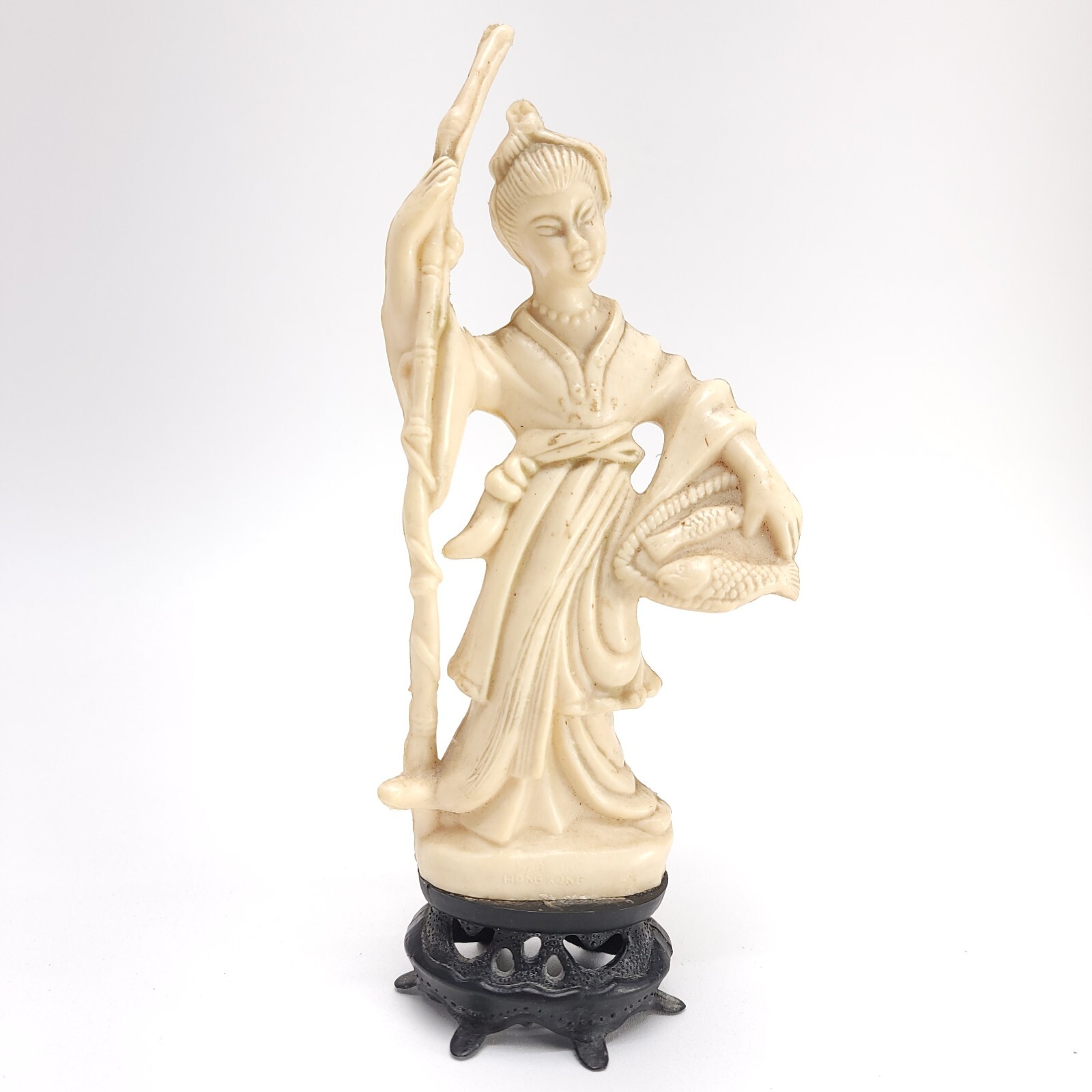 Vtg Resin Ivory Color Figurine Asian Woman Carrying Fish Hong Kong Geisha 9.5 In