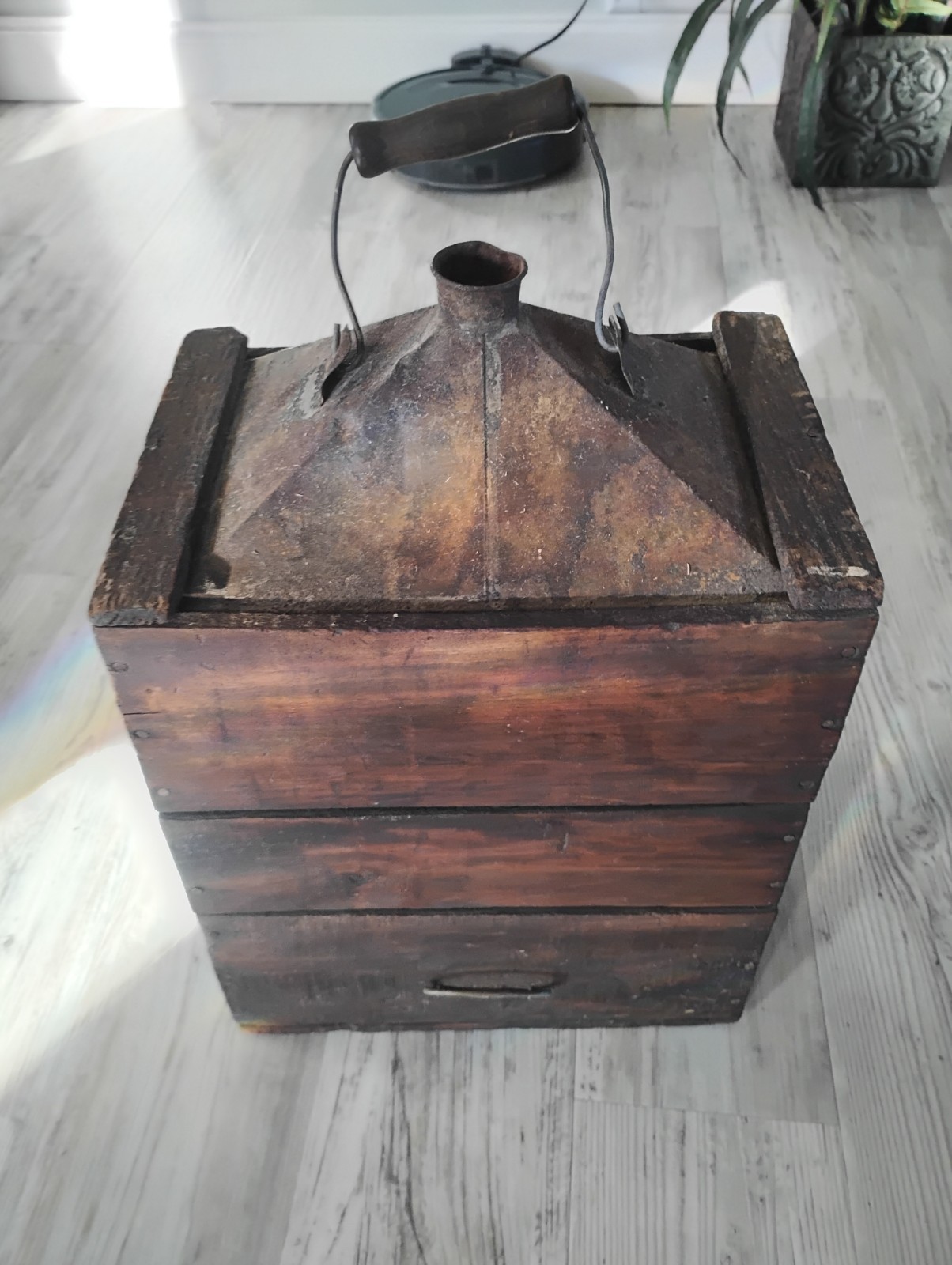 Antique Fuel Gas Kerosene Wood And Metal Container Can 18 1/2 Inches Tall