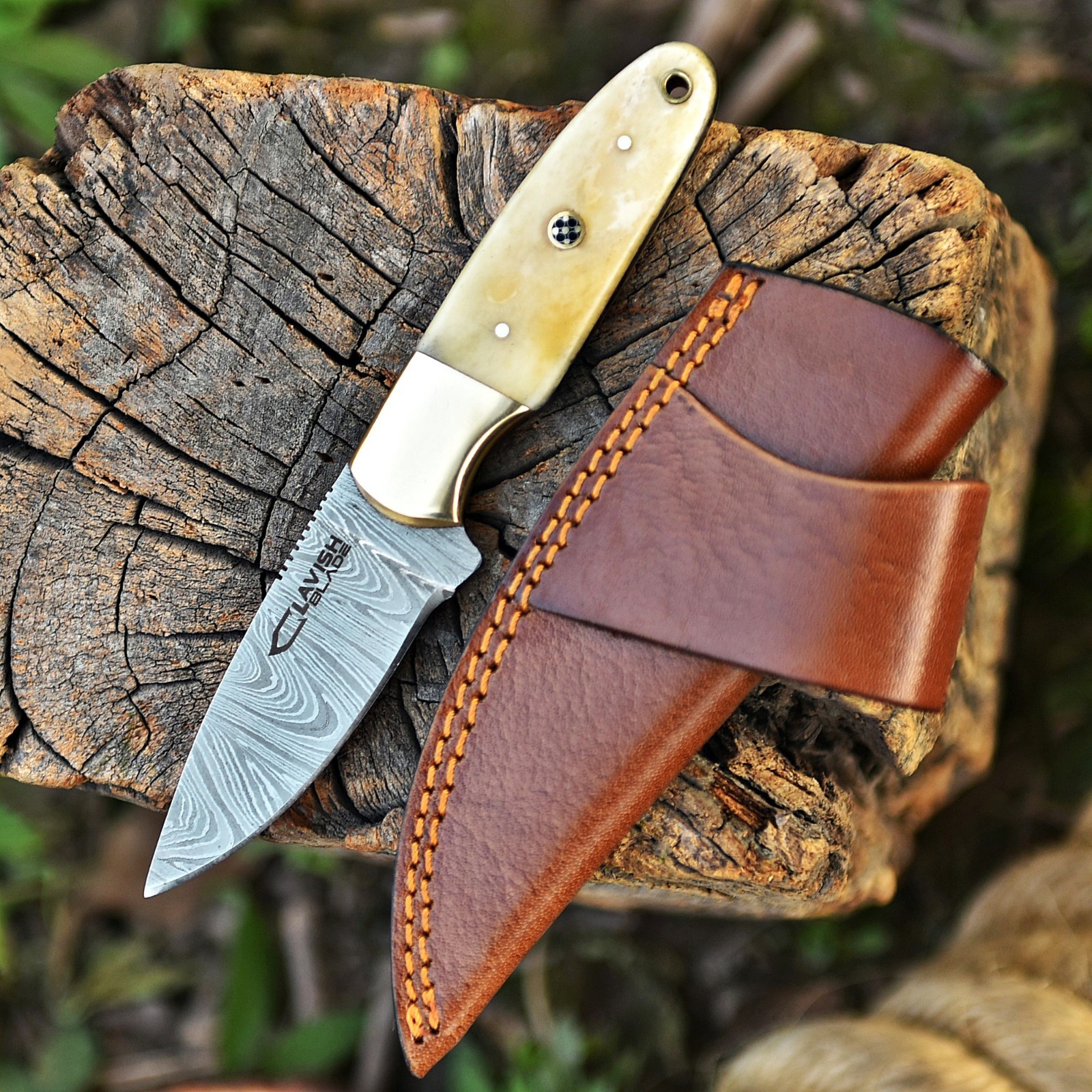 Handmade Damascus Skinner Knife Bone Brass Handle Mosaic Pin Fixed Blade Leather