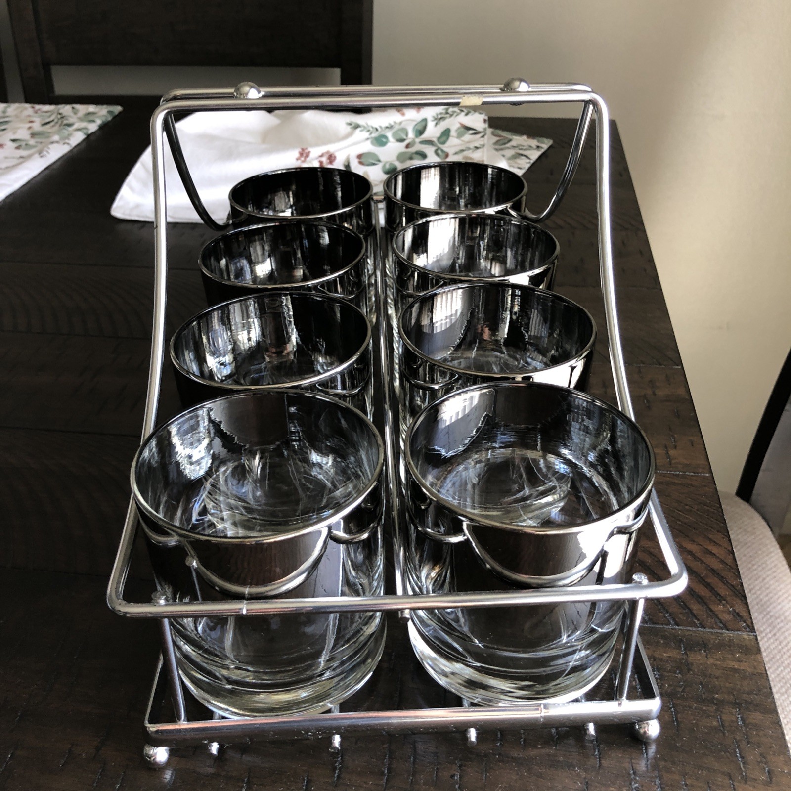 (8) SILVER RIM 3 1/2” ROCKS GLASSES W/CADDY DOROTHY THORPE Mid Century Modern