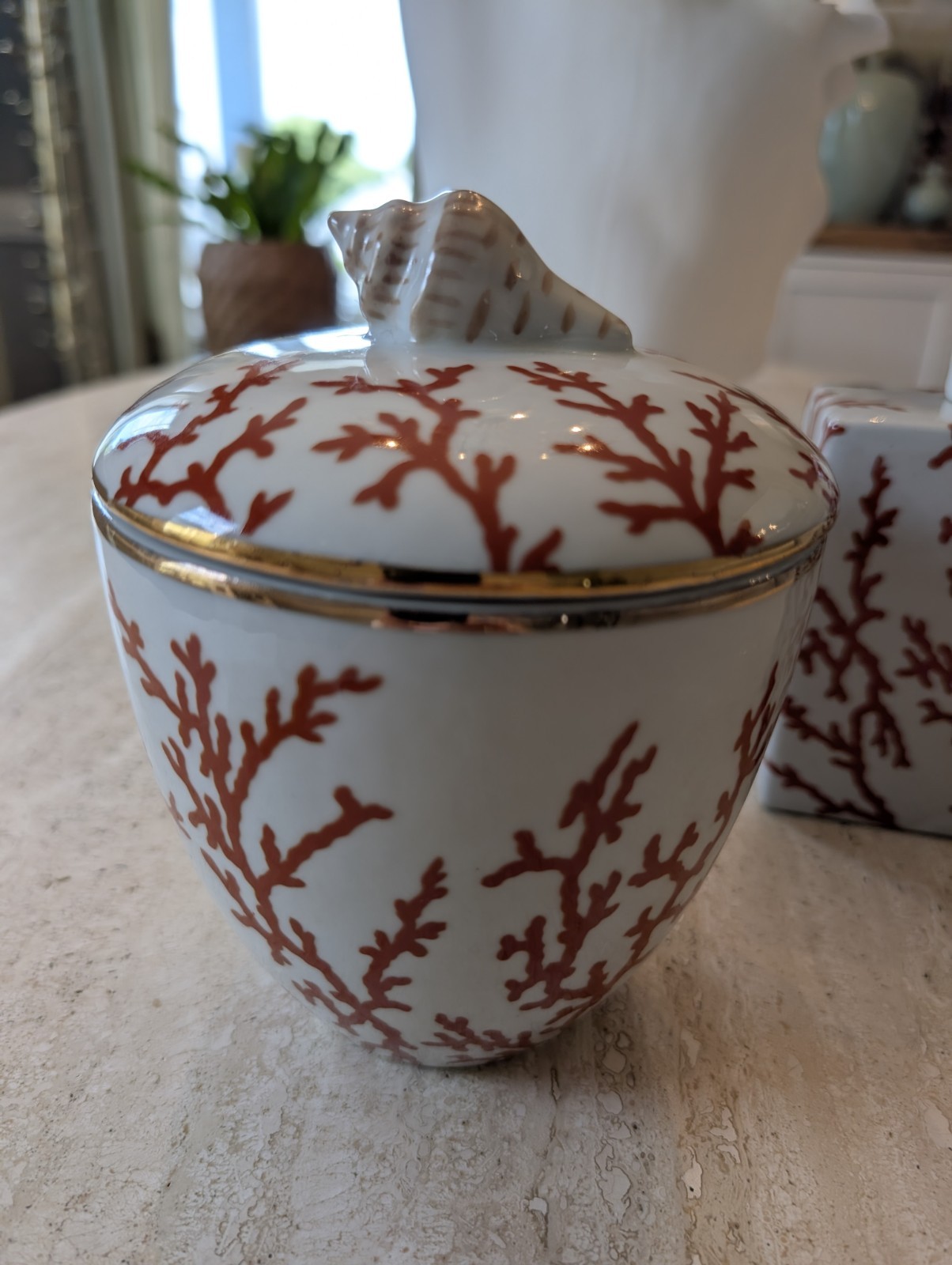 Wong Lee Set/2 Porcelain Coral Lidded Jars STUNNING!