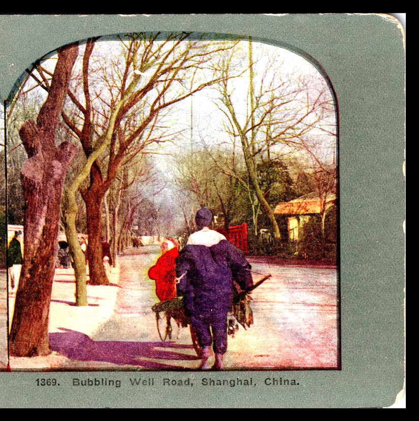 CHINA, Shanghai, Man Pushing a Cart on Bubbling Well Road–Stereoview #LA22