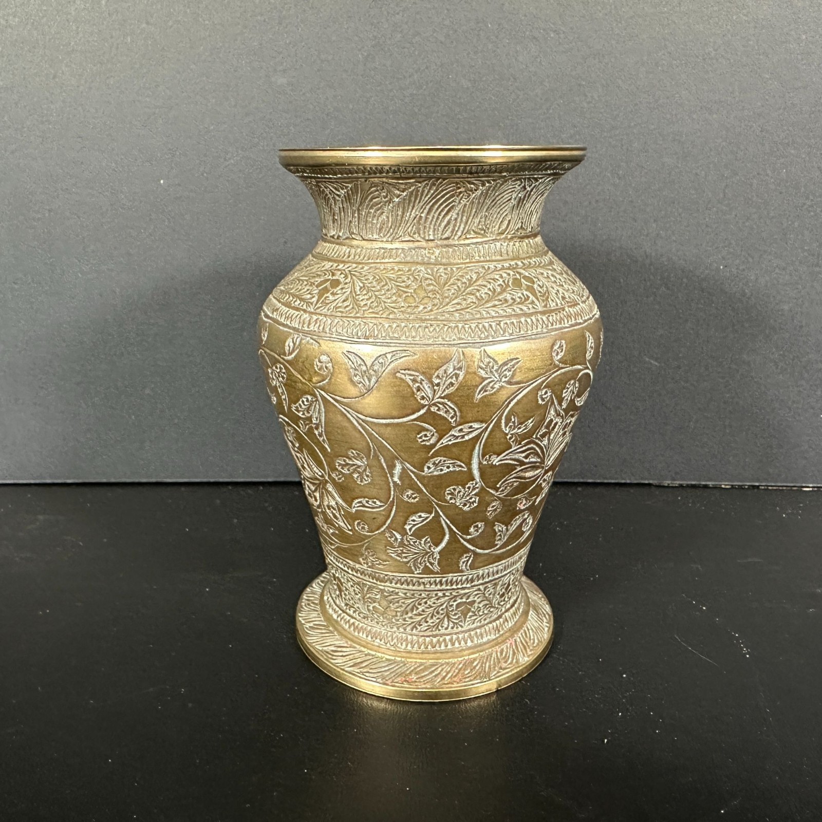 VTG Brass Hand Etched Vase Urn Floral Pattern Middle Eastern Art 4.25in Patina