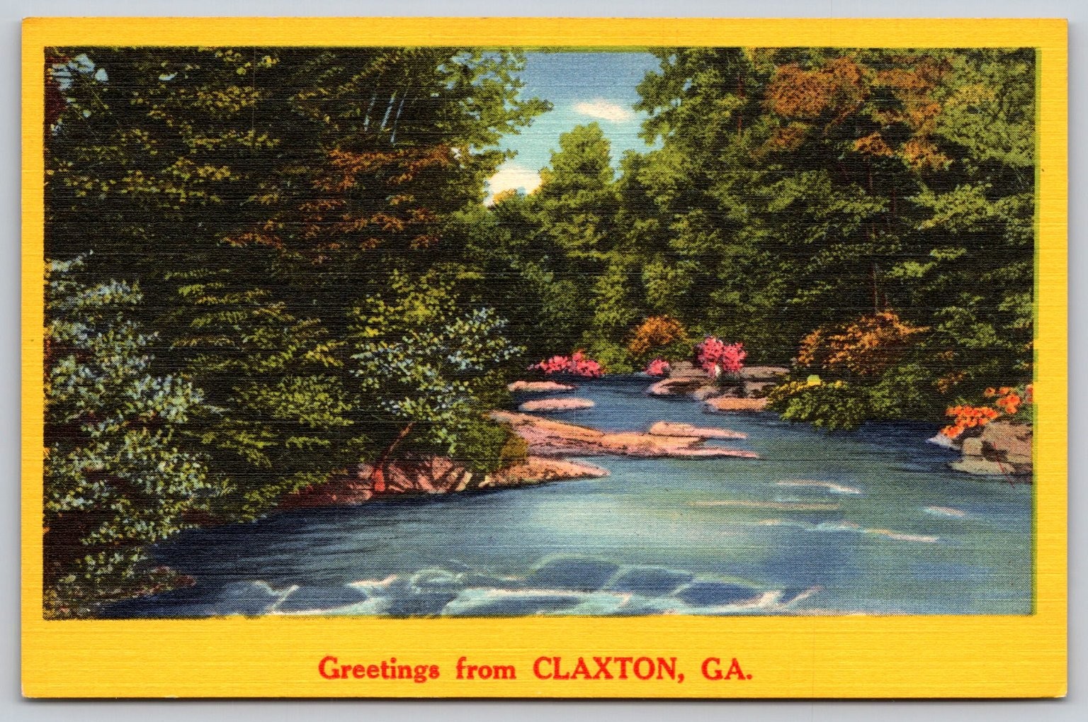 Greetings From Claxton GA Linen Postcard Scenic River Landscape NYCE E163