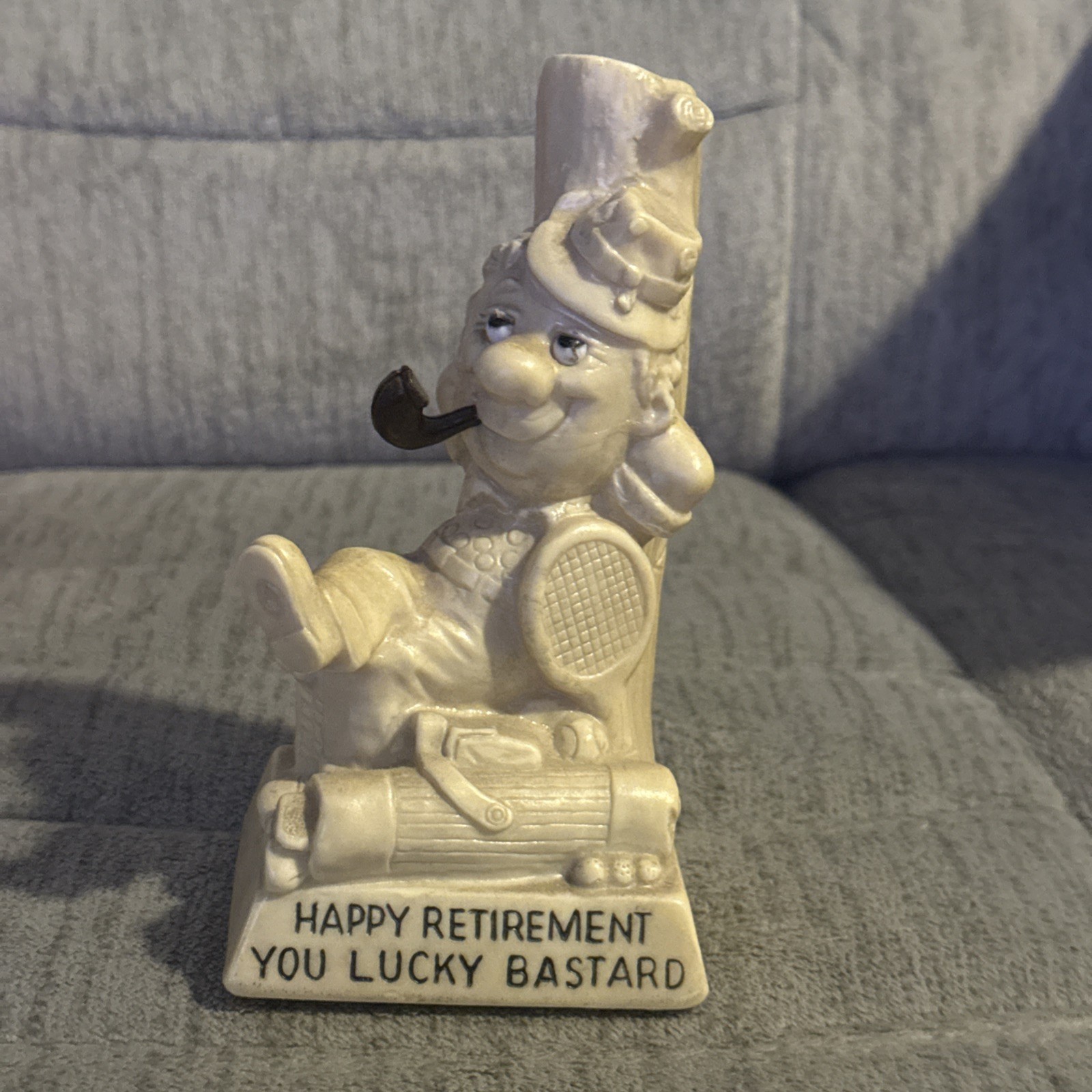 Vintage ’71 W&R Berries Figurine „Happy Retirement You Lucky B“ Golf Tennis Fish