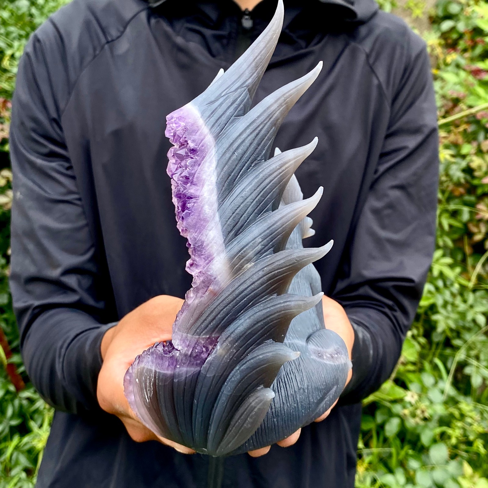 2.5LB Natural Amethyst Geode Hand Carved Nine-tailed Fox Quartz Crystal Decor