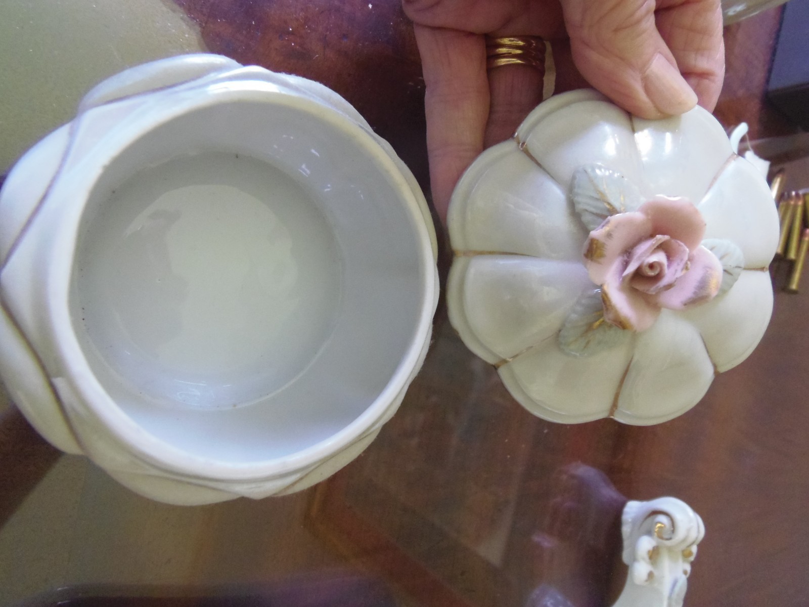 Vintage Porcelain Bone China Dresser Tray Set, Japan, White w/Pink Roses