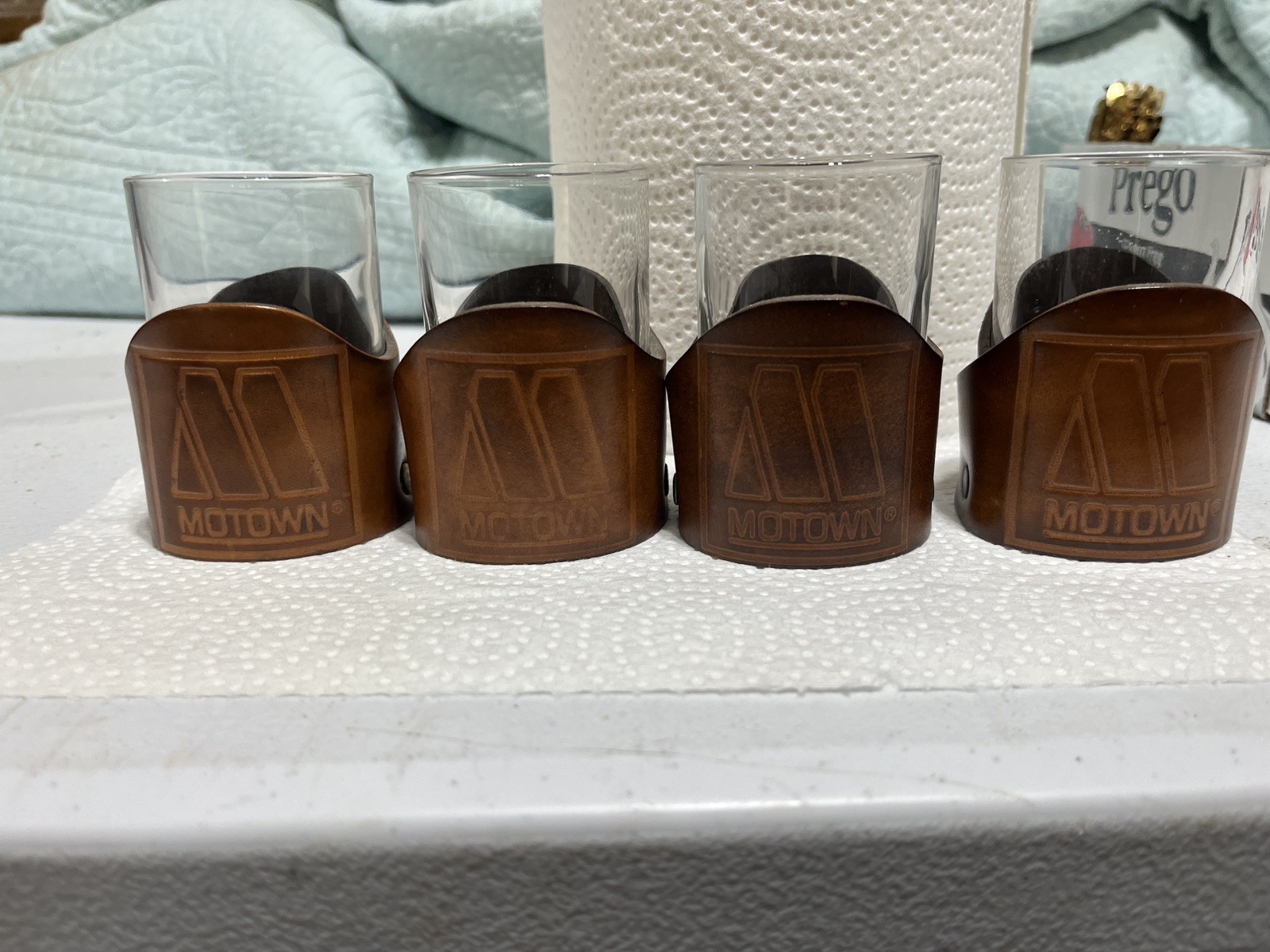 Vintage 70s El Cid Leather Wrapped Whiskey Glasses Set Of 4 Branded Motown logo