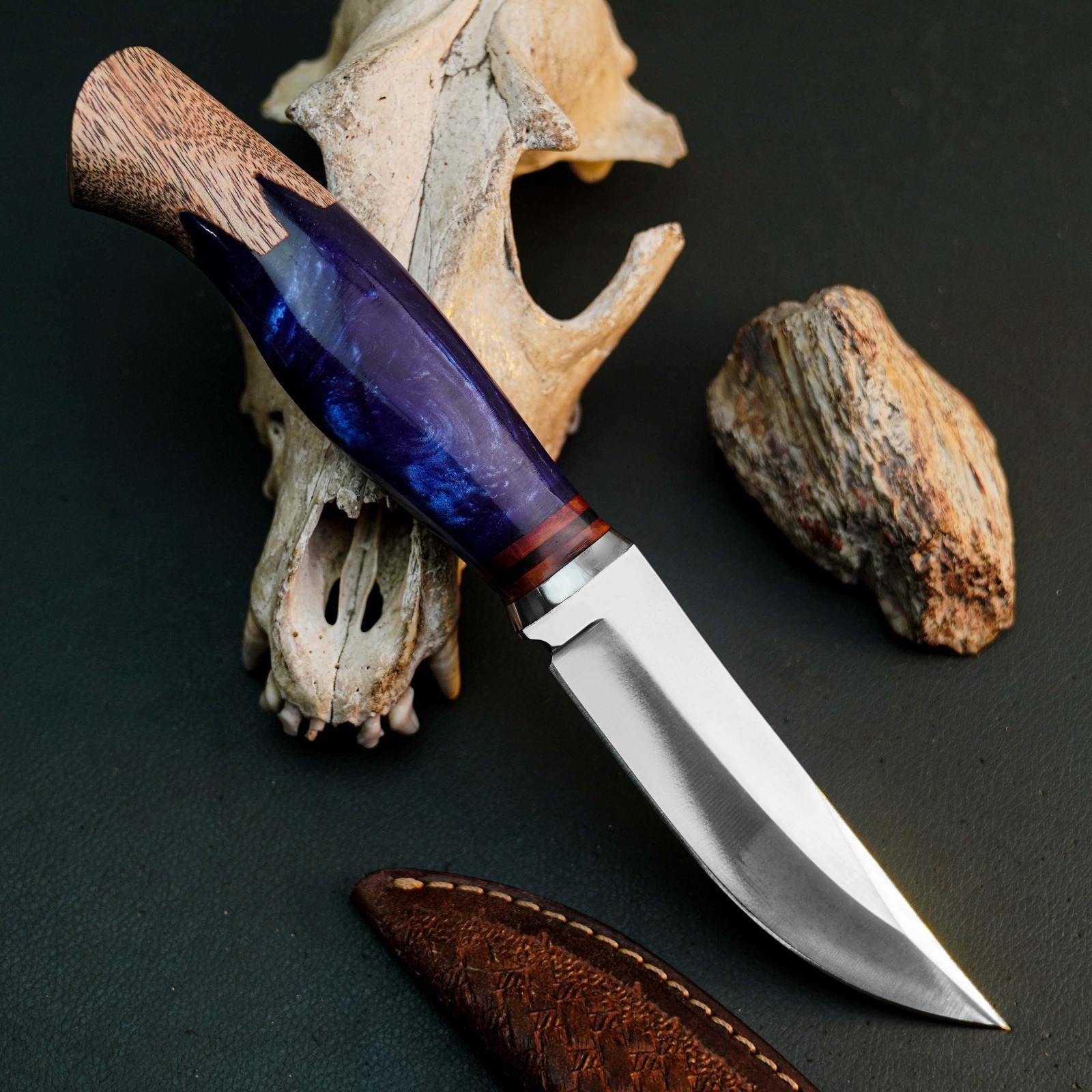 9.8 inch D2 Tactical Knife Half Tang Resin Handle Fixed Blade Leather Sheath