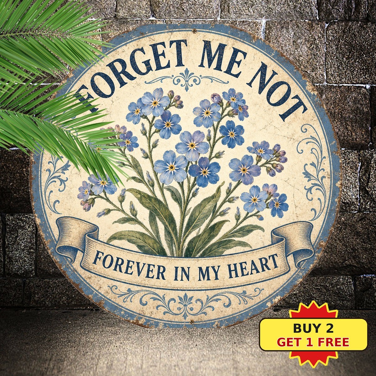 Forget Me Not Blue Flower Round Tin Sign 8×8 Elegant Floral Botanic Wall Decor