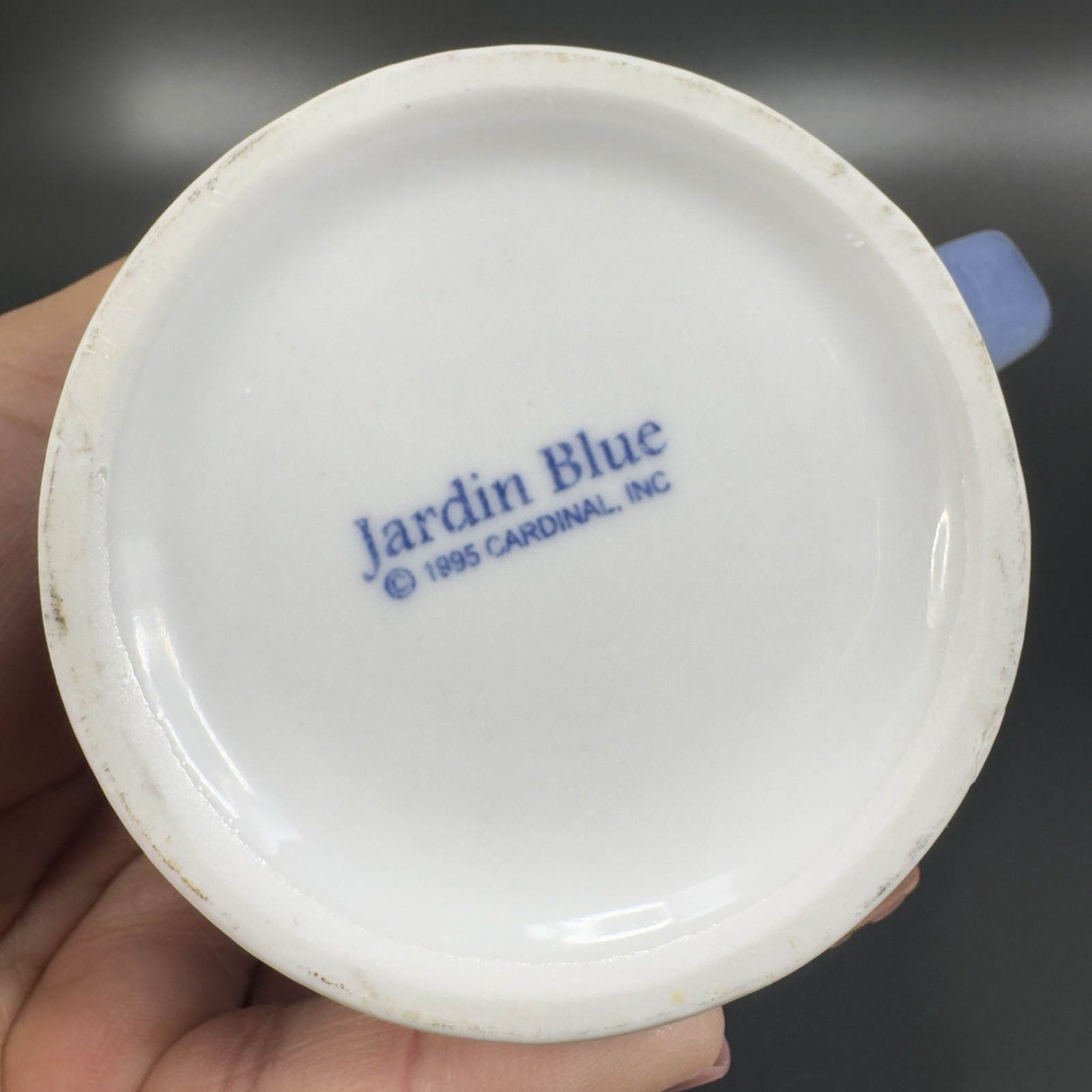 1995 Jardin Blue Cardinal Ceramic Coffee Mug Cup Set 2 Blue White Fruit Cherry