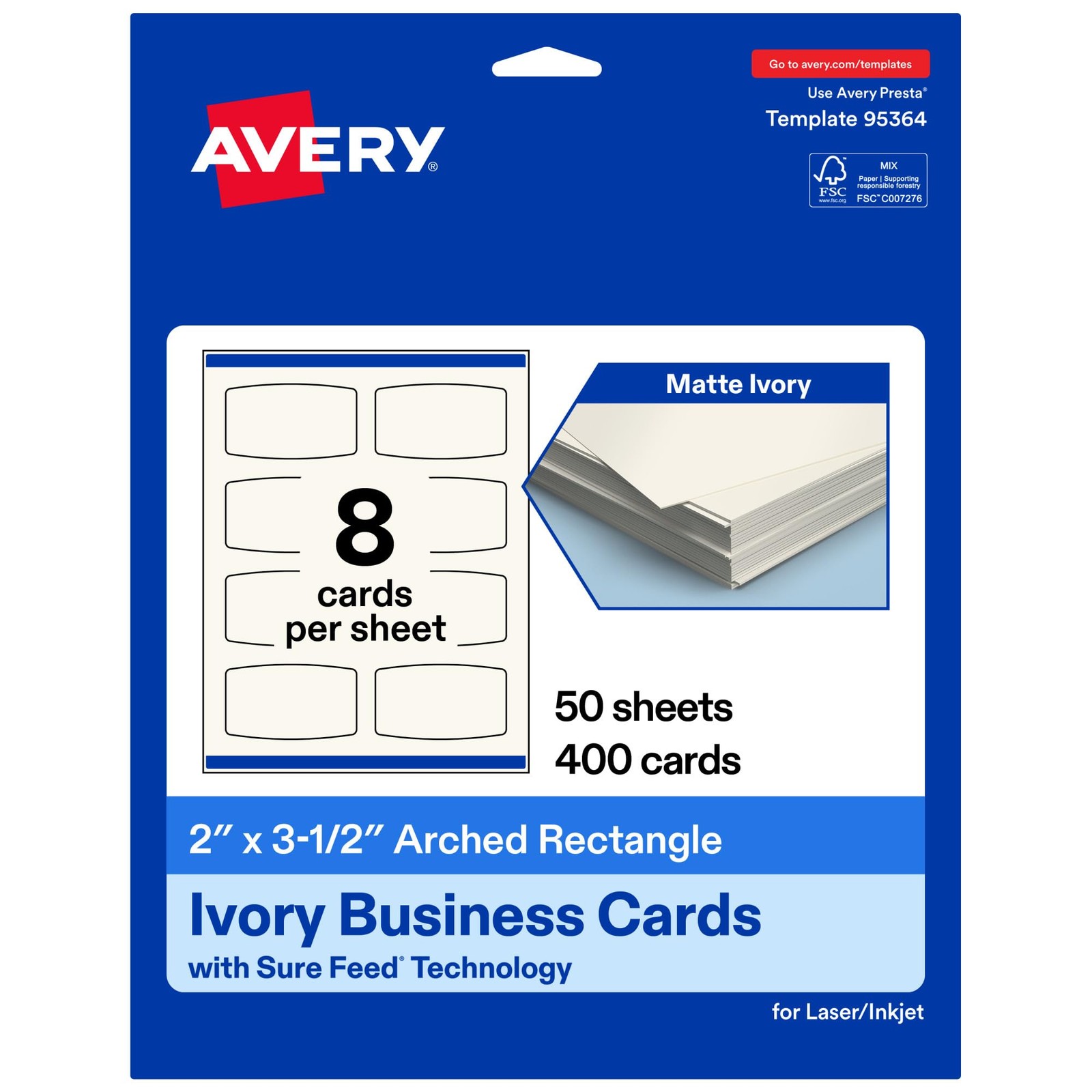 Avery Printable Arched Rectangle Business Cards Sure Feed Technology 2 X 3-1/2