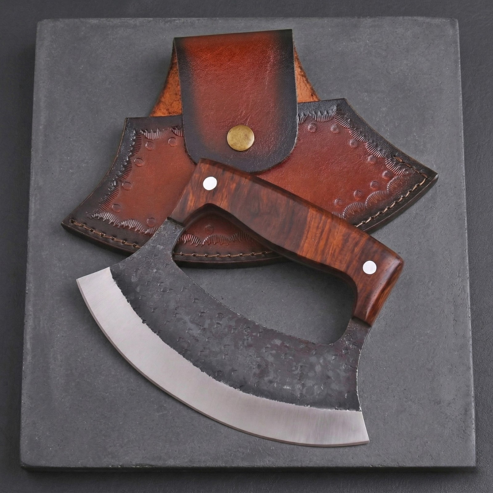Alaskan Ulu Knife Hand Forged Carbon Steel Wood Handle Rocker Skinner + Sheath