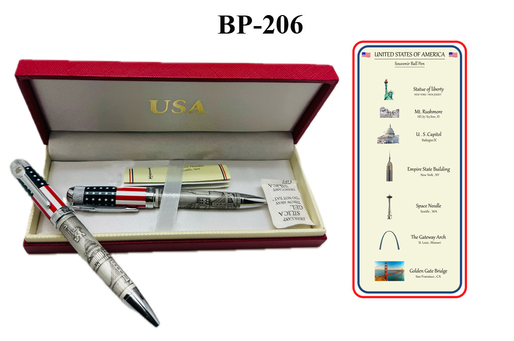 USA Landmarks, Semiquincentennial Commemorative Pen, American Flag Design