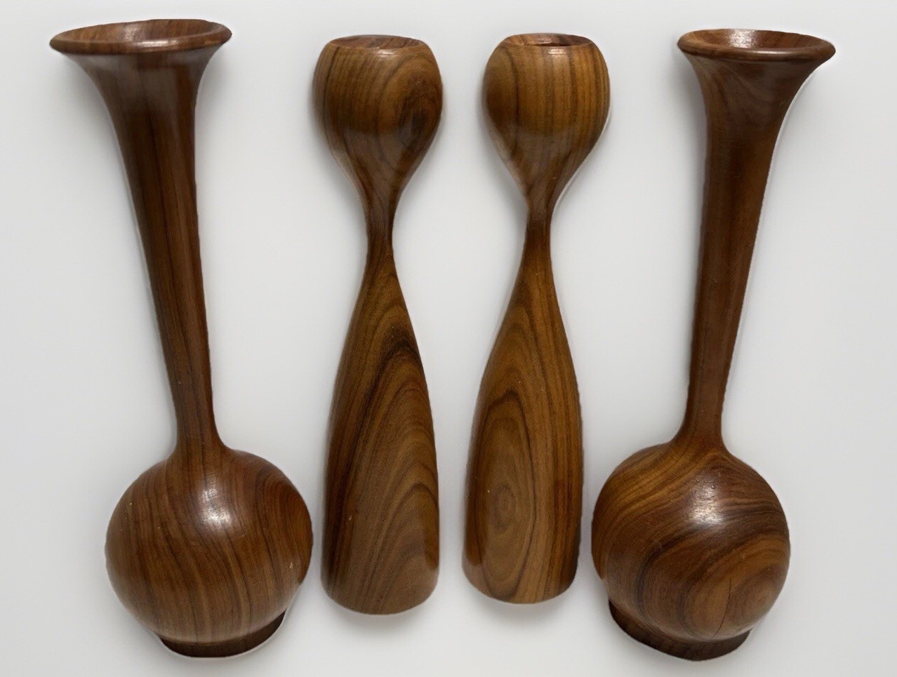 Rare Mid Century Modern Danish Design Teak Tulip Candle Holders 4 Piece Set 8”