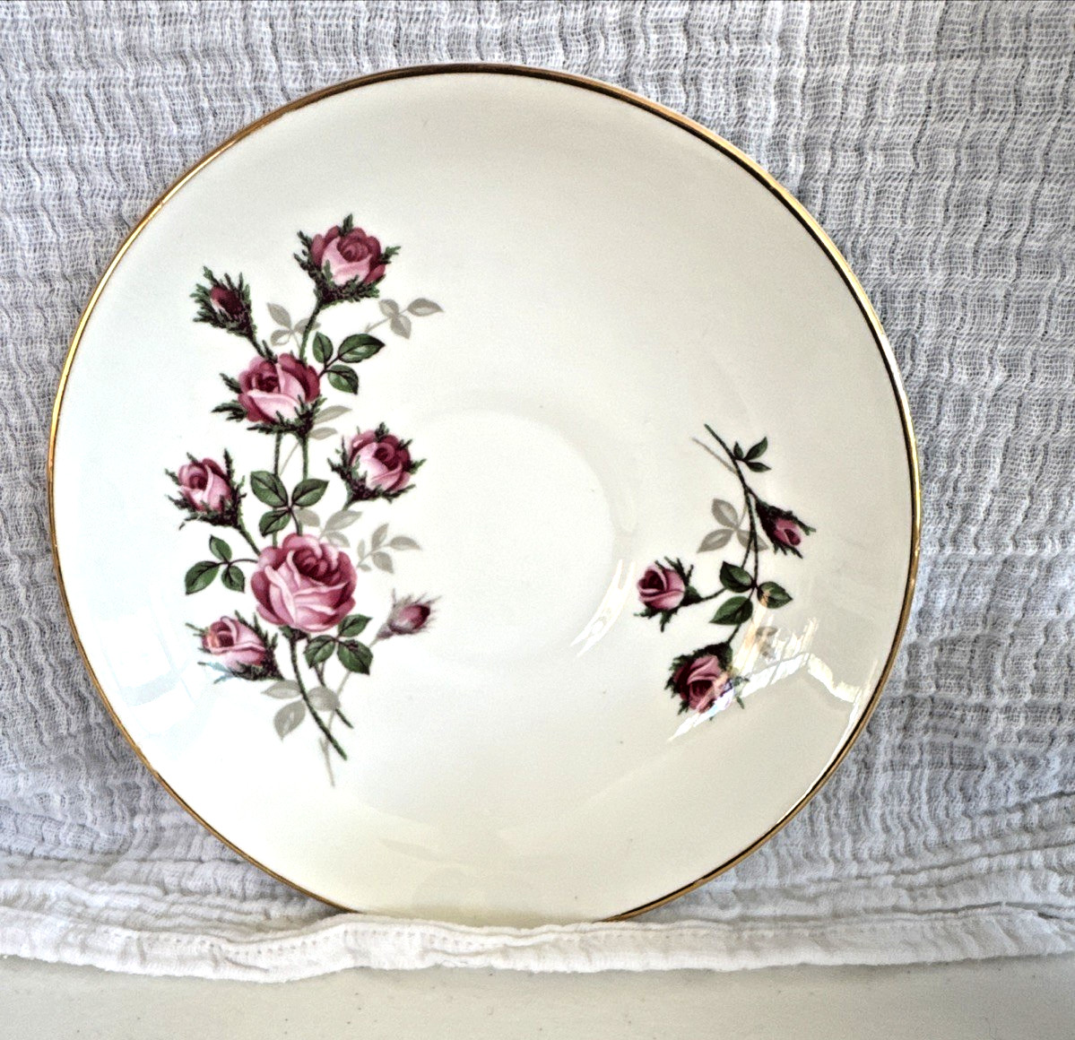 English Bone China Cup & Saucer Vintage White and Gold Pink Roses Hand Painted