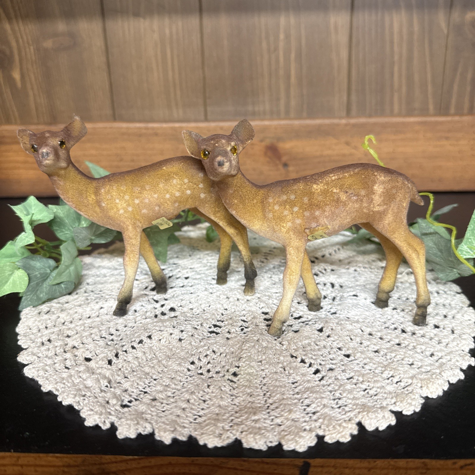 Vintage Flocked Deer Does Velvet/Felt Amber Glass Eyes Decor Hong Kong Set Of 2