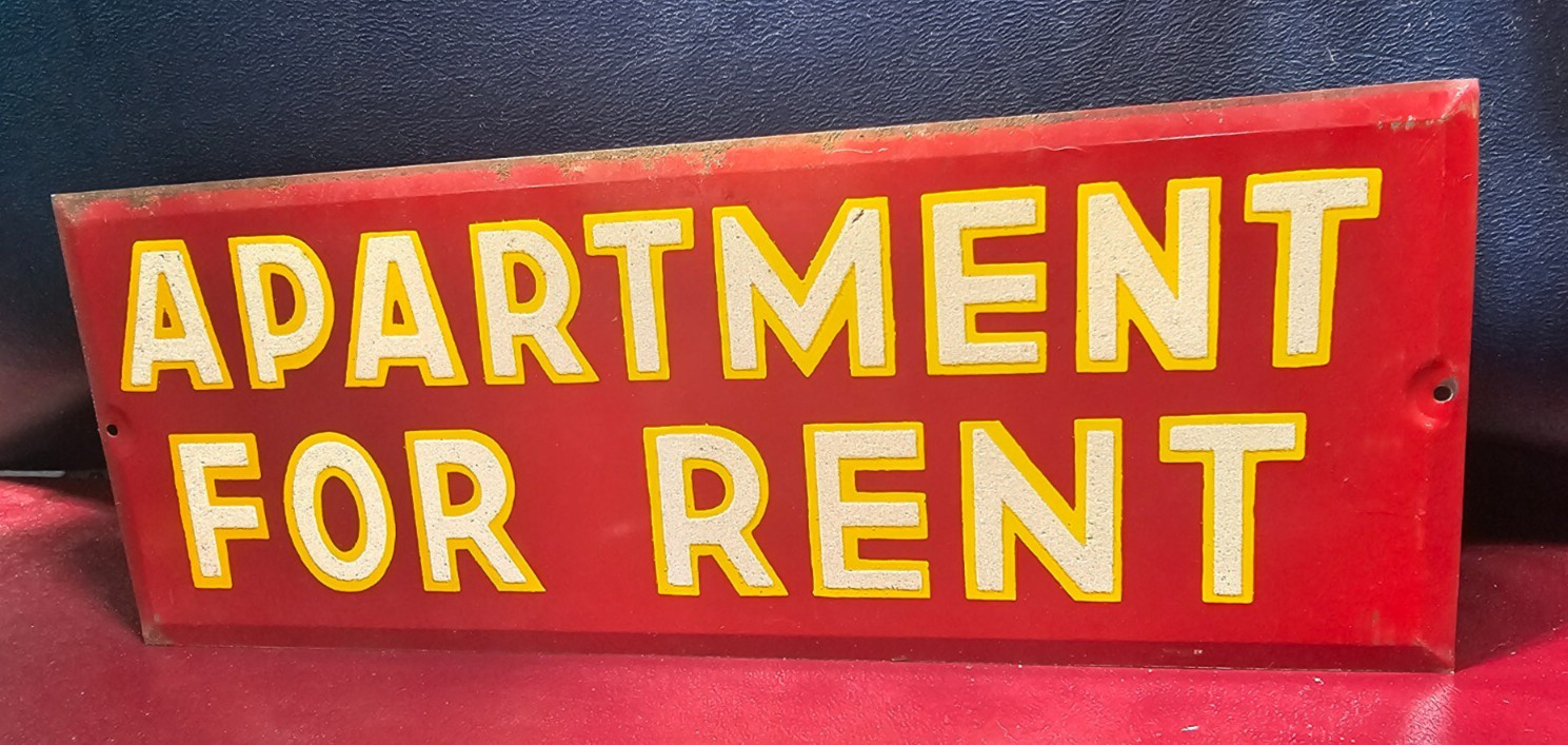 Antique Advertising Red Tin Reflective Letter Sign APARTMENT For Rent