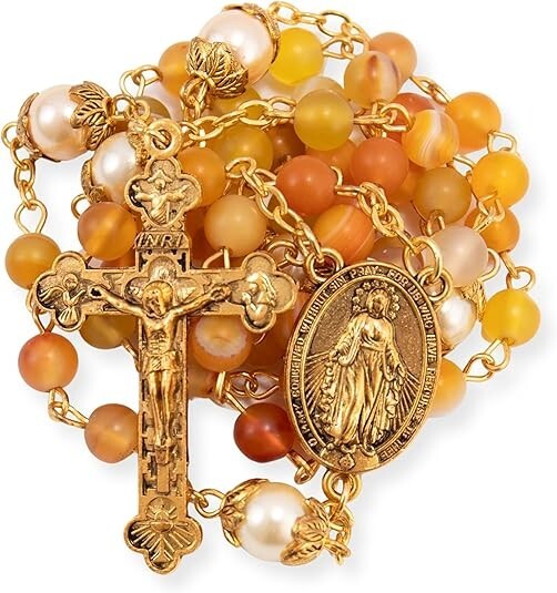 Matte Stone Yellow Pearl Beads Rosary Gold Necklace Miraculous Medal & Cross