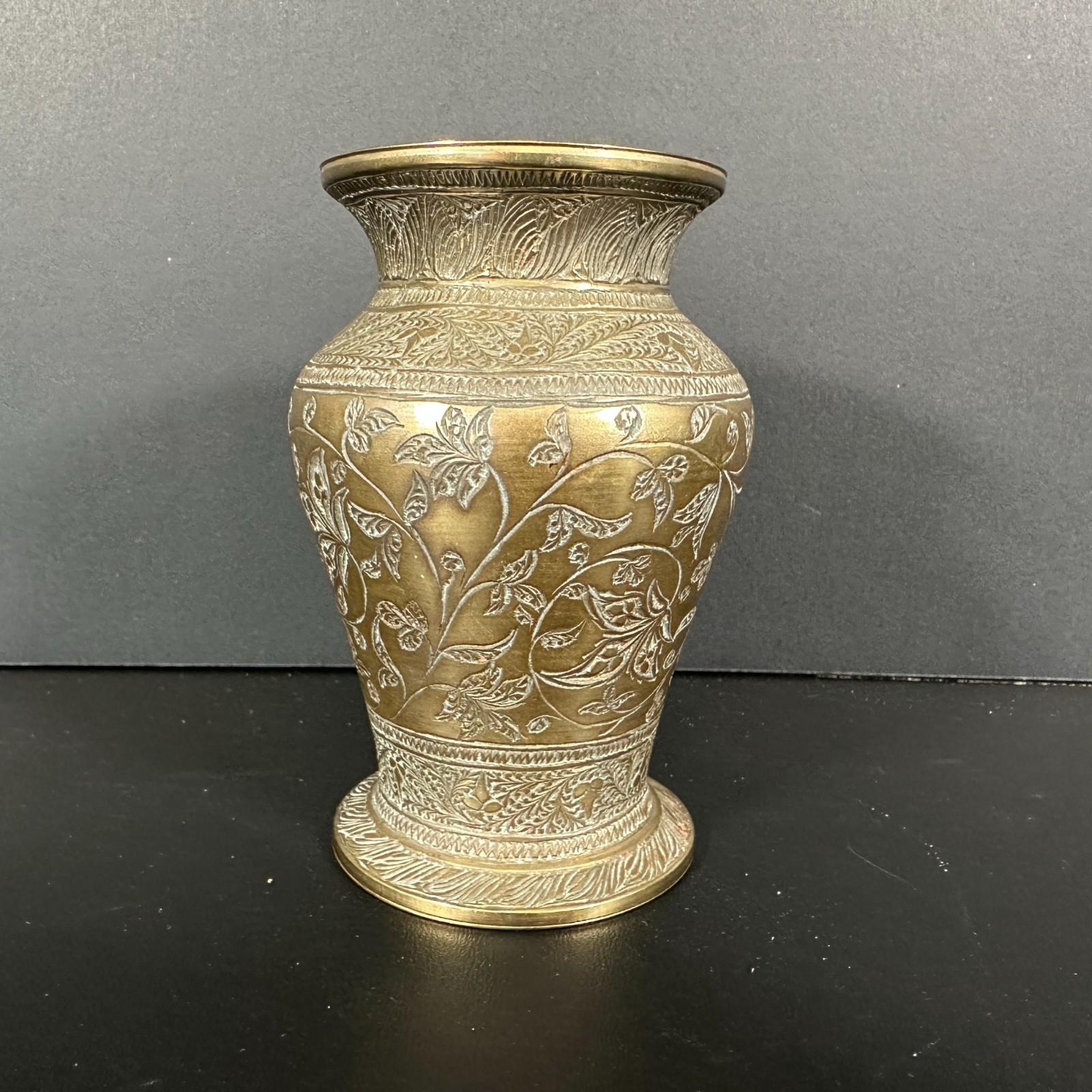 VTG Brass Hand Etched Vase Urn Floral Pattern Middle Eastern Art 4.25in Patina