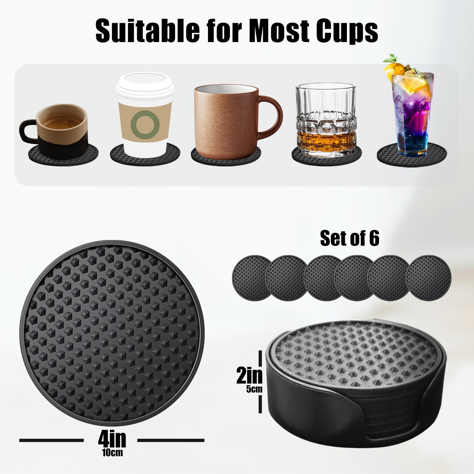 Silicone Coasters Set of 6 with Holder, for Black