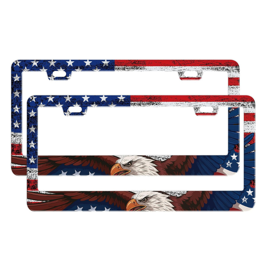 Bald Eagle American Flag License Plate Frame, Patriotic USA Car Tag Holder