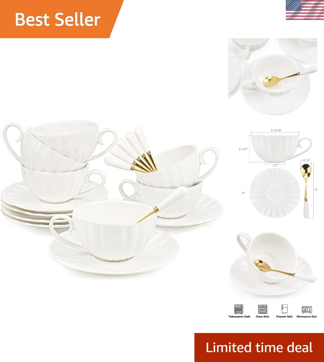 Set of 6 Royal Tea Cups and Saucers, 6 oz White Porcelain Tea Set & British C…