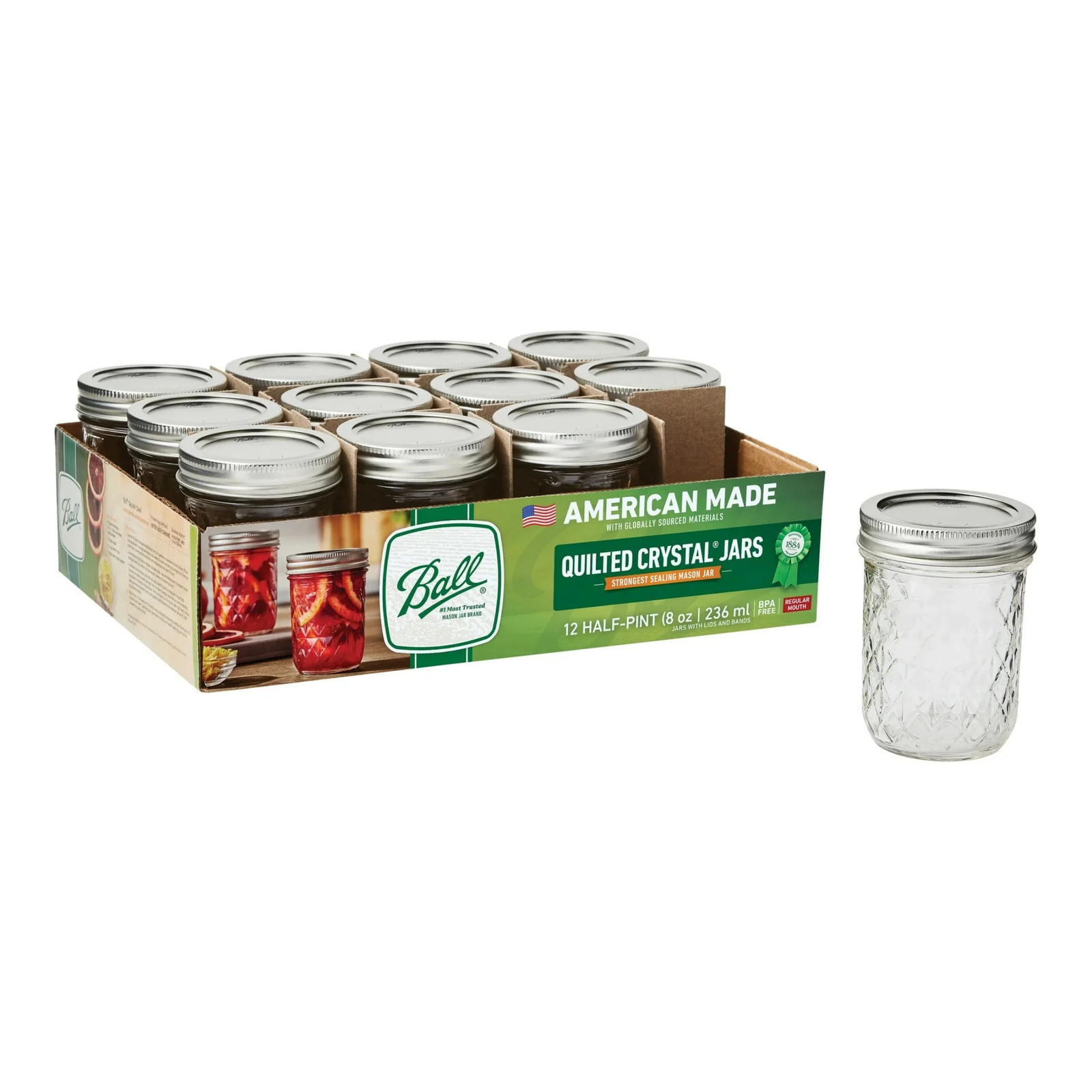 Regular Mouth 8 Oz Quilted Crystal Mason Jars with Lids & Bands, Small Glass Can