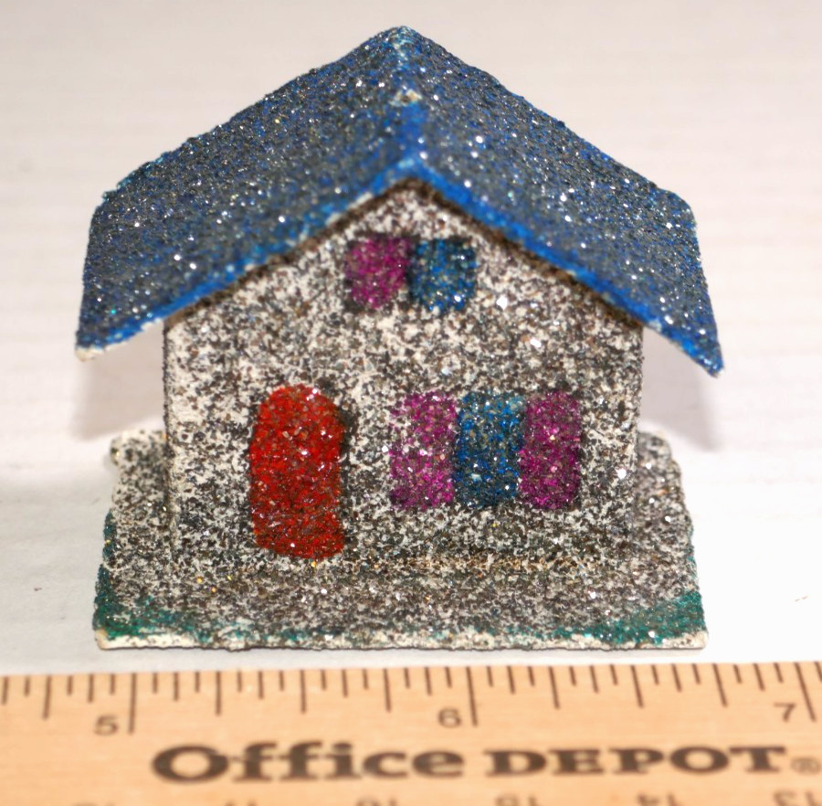 Set Of 5 Vintage Mini Putz Village Glitter Houses & Church-Japan Sticker
