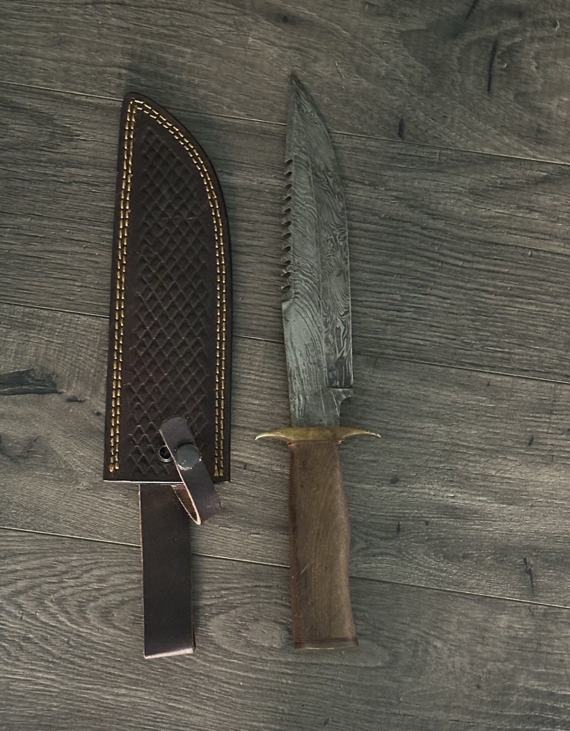 Unused Vintage Handmade Damascus Hunting Knife w/ Leather Sheath Father’s Day