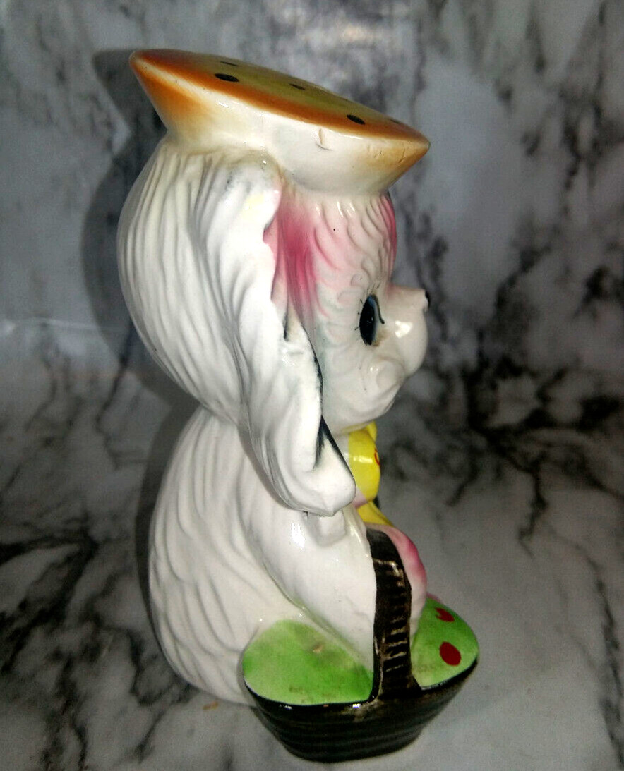 Vtg Anthropomorphic Dog Japan Ceramic Figurine Pink white black w Yellow Hat Bow