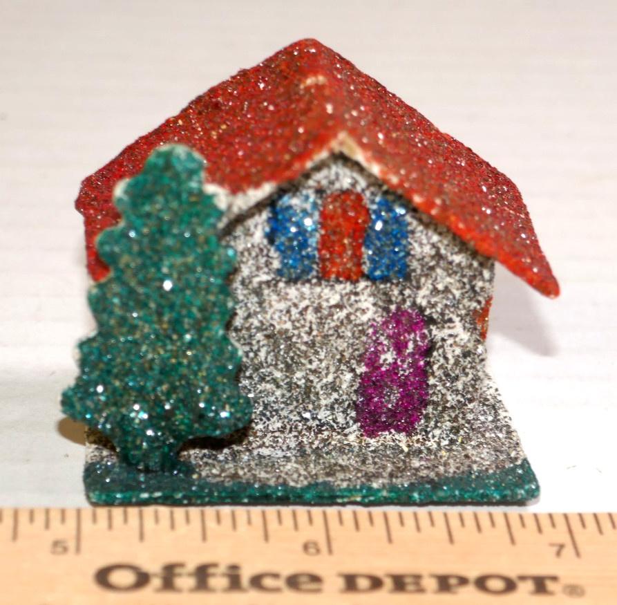Set Of 5 Vintage Mini Putz Village Glitter Houses & Church-Japan Sticker