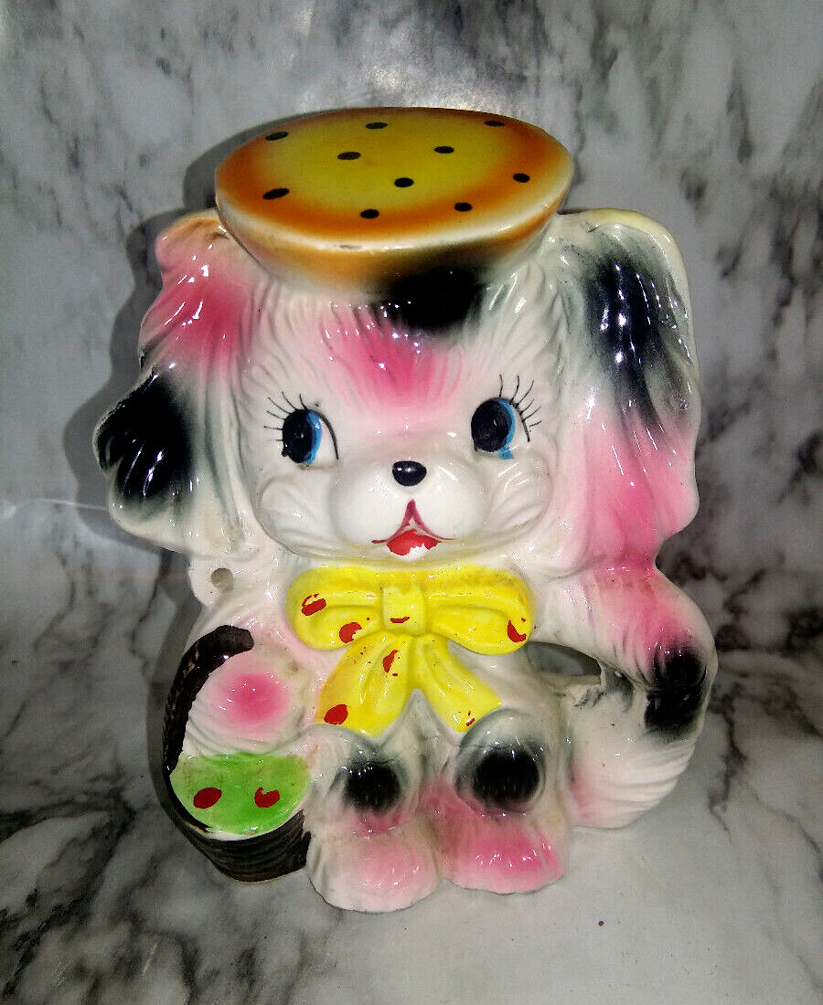Vtg Anthropomorphic Dog Japan Ceramic Figurine Pink white black w Yellow Hat Bow