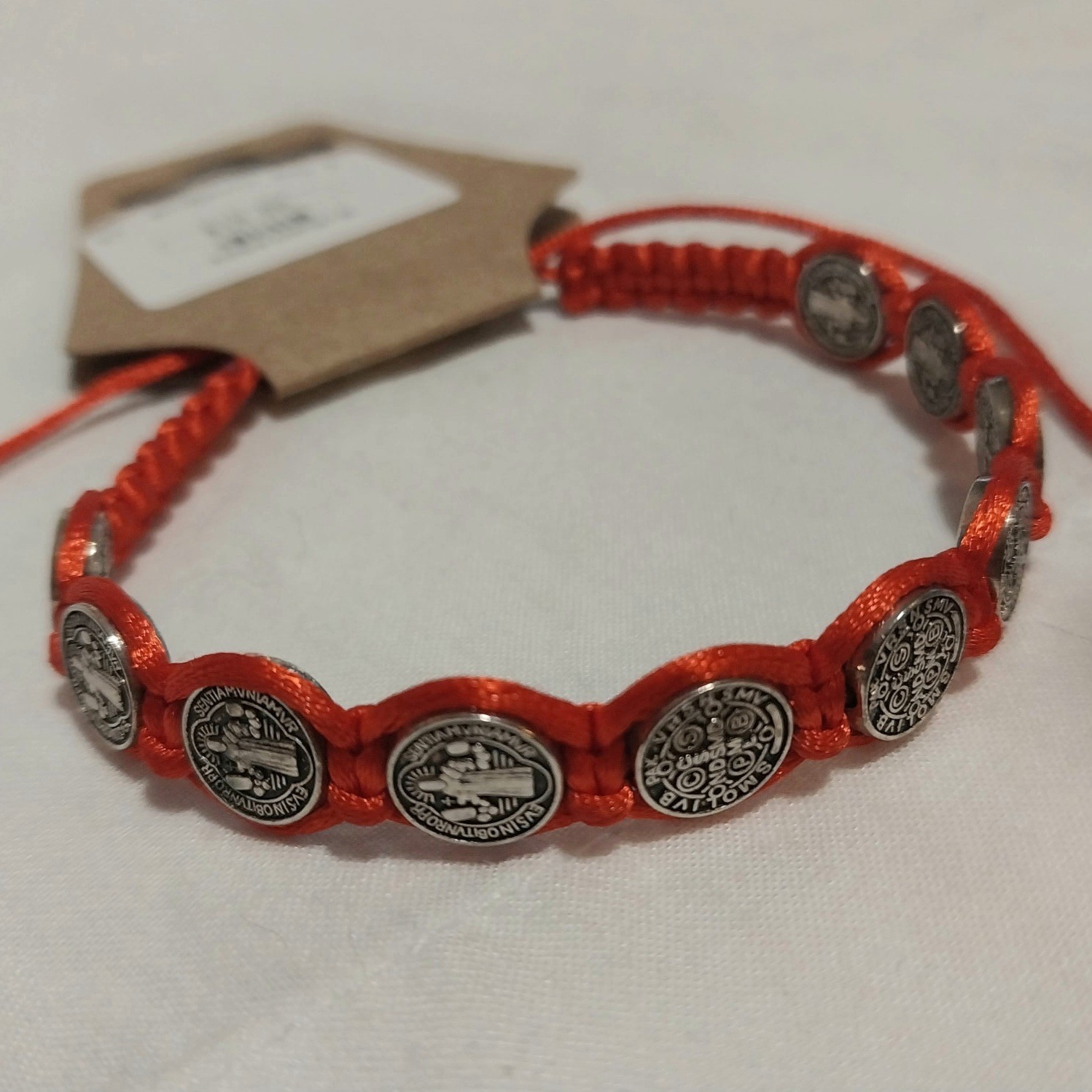 Red St Saint Benedict Adjustable Cord Bracelet Medal Silver Tone 8″