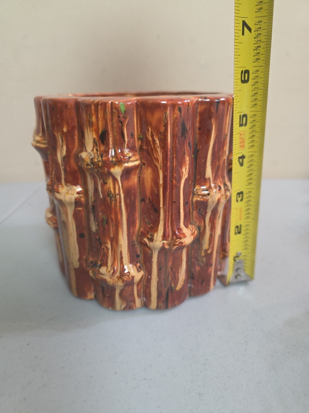 Vintage Bamboo Pattern Ceramic 5 Inch Pot No Chips Or Cracks. Nice Decor Planter