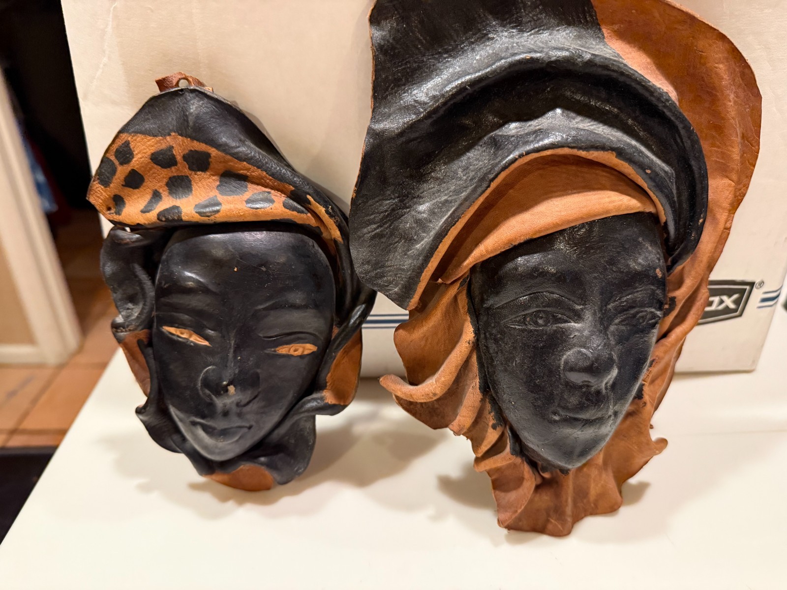 2 Hand Crafted Leather Woman’s Face Mask Wall Hanging HAITI 9.5″ X 7″, 7.5″ X 5″