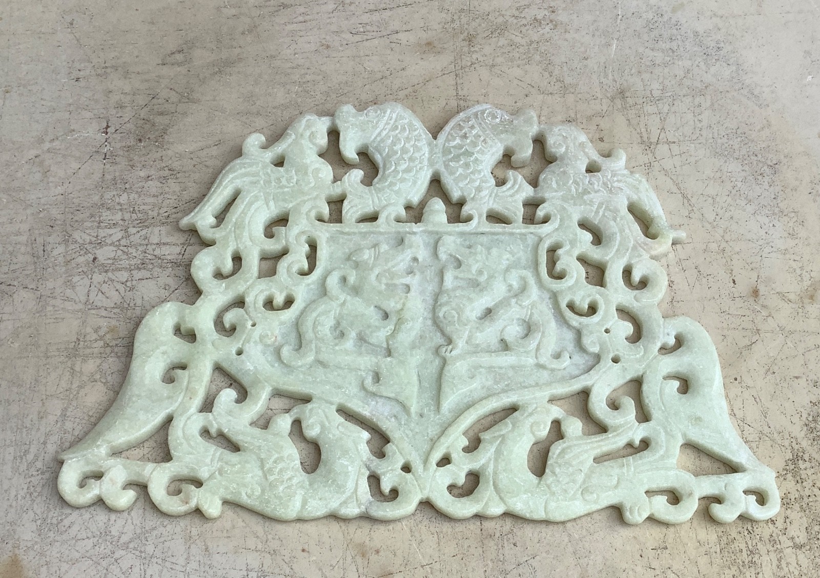 9.5″ Chinese OLD HAND CARVED JADE GREEN ONYX Plaque DRAGONS PHOENIX FISH
