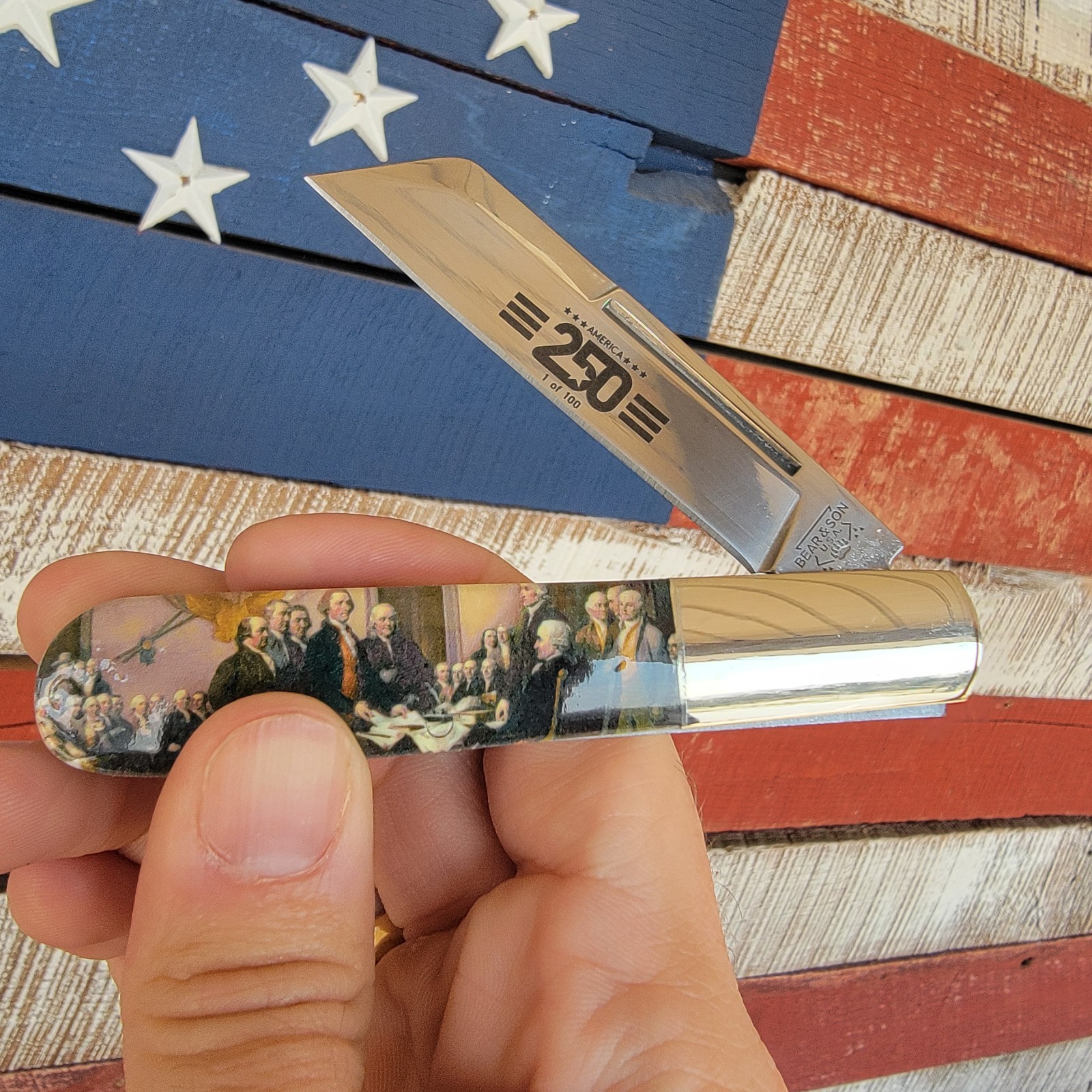BEAR & SON CUTLERY USA DECLARATION LARGE BARLOW KNIFE AMERICA 250 ANNIVERSARY