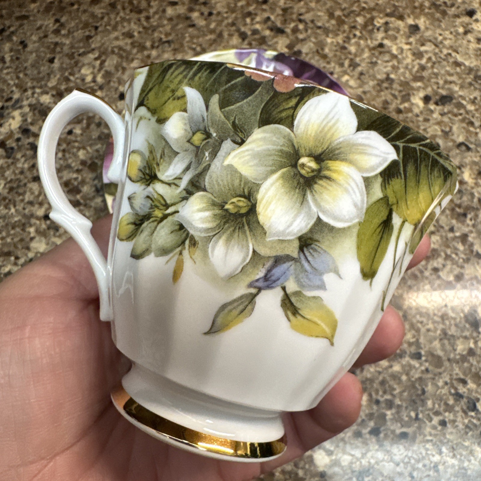 Duchess Bone China England Pansies Footed Tea Cup & Saucer Gold Trim MINT