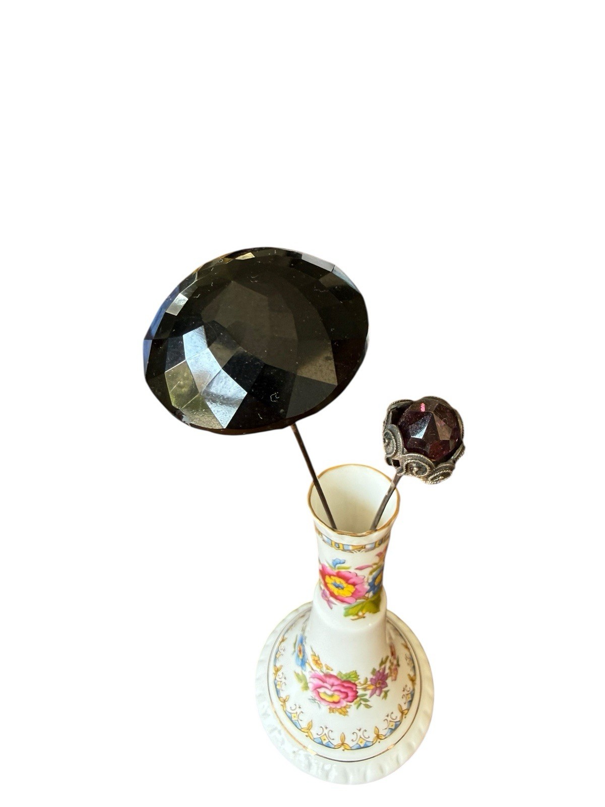 Royal Grafton Malverne China Floral Hat Pin Holder 2 Pins Glass Amythest
