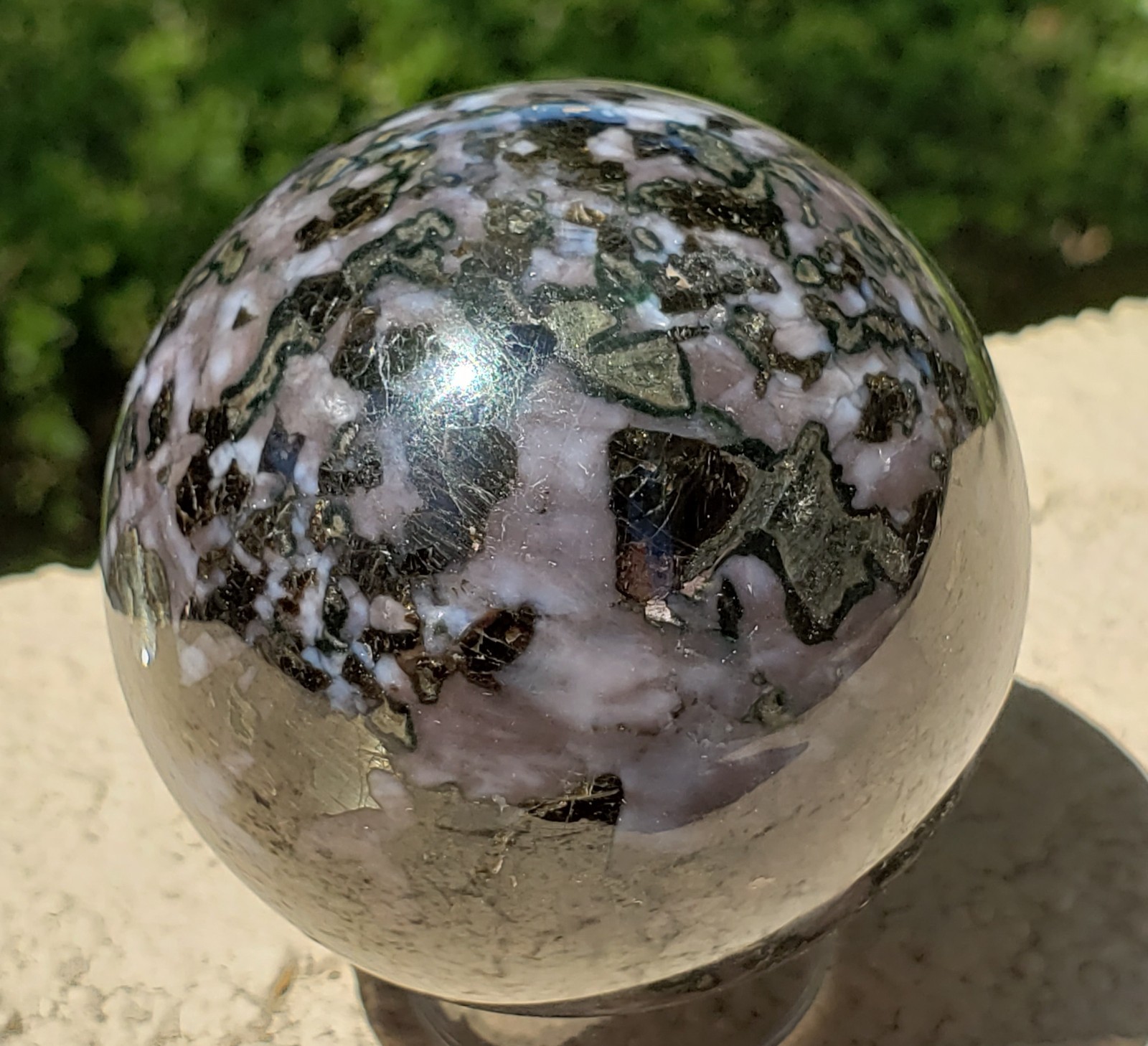2.38″ Indigo Gabbro Mystic Merlinite Blizzard Stone Crystal Sphere, 351g or 12.4