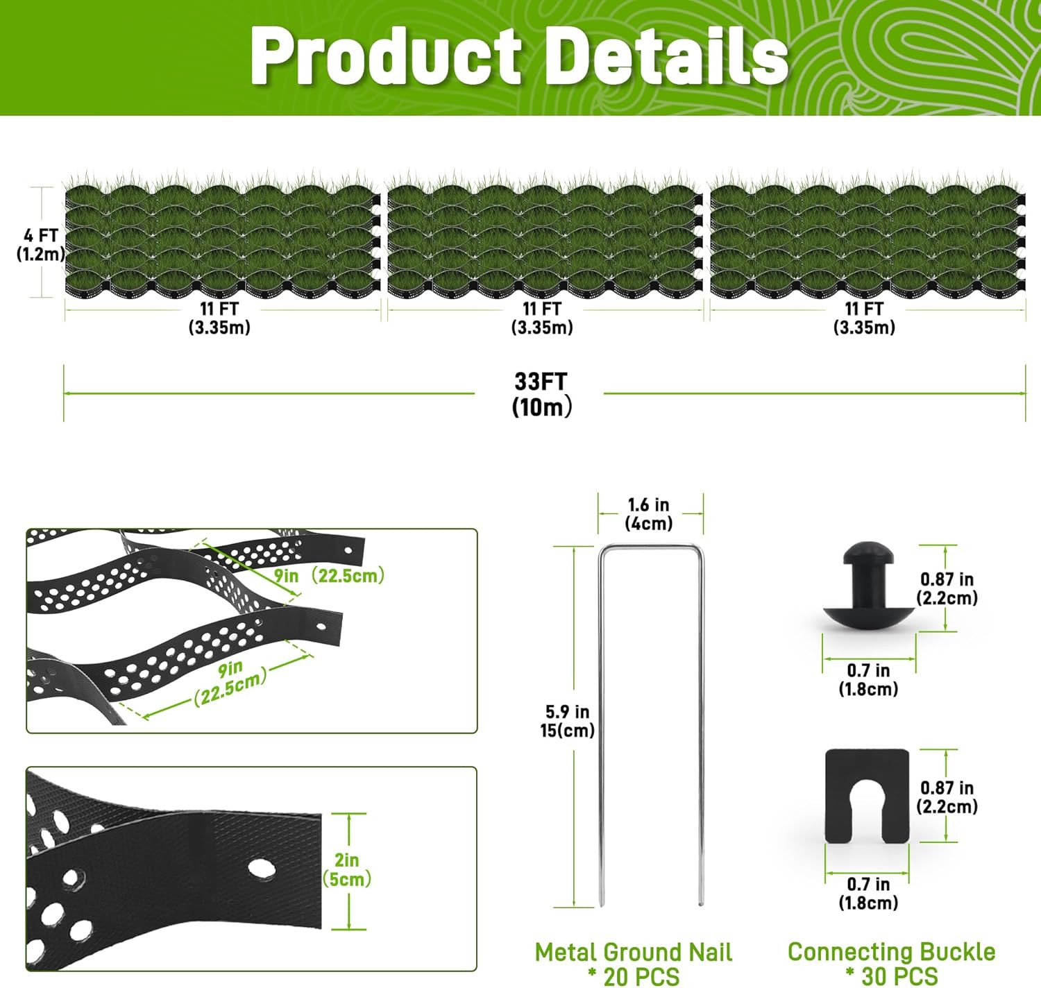 Gravel Grid 4X33 FT-2″ Depth HDPE Geo Grid 1885 Lbs per Sq Ft Load with U-Shaped