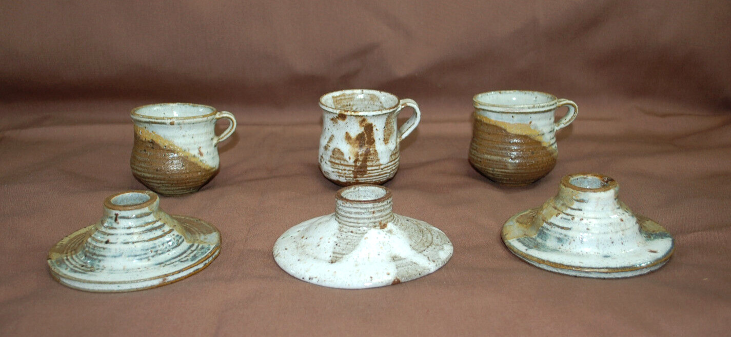 Ceramic 3 Mugs and 3 Candle Holders Handmade Lot of 6 Total T1428