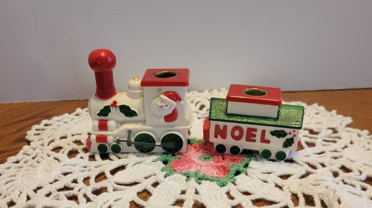 VTG Christmas Mini Taper Candle Holder Train Noel Santa Claus Indoor Decorations